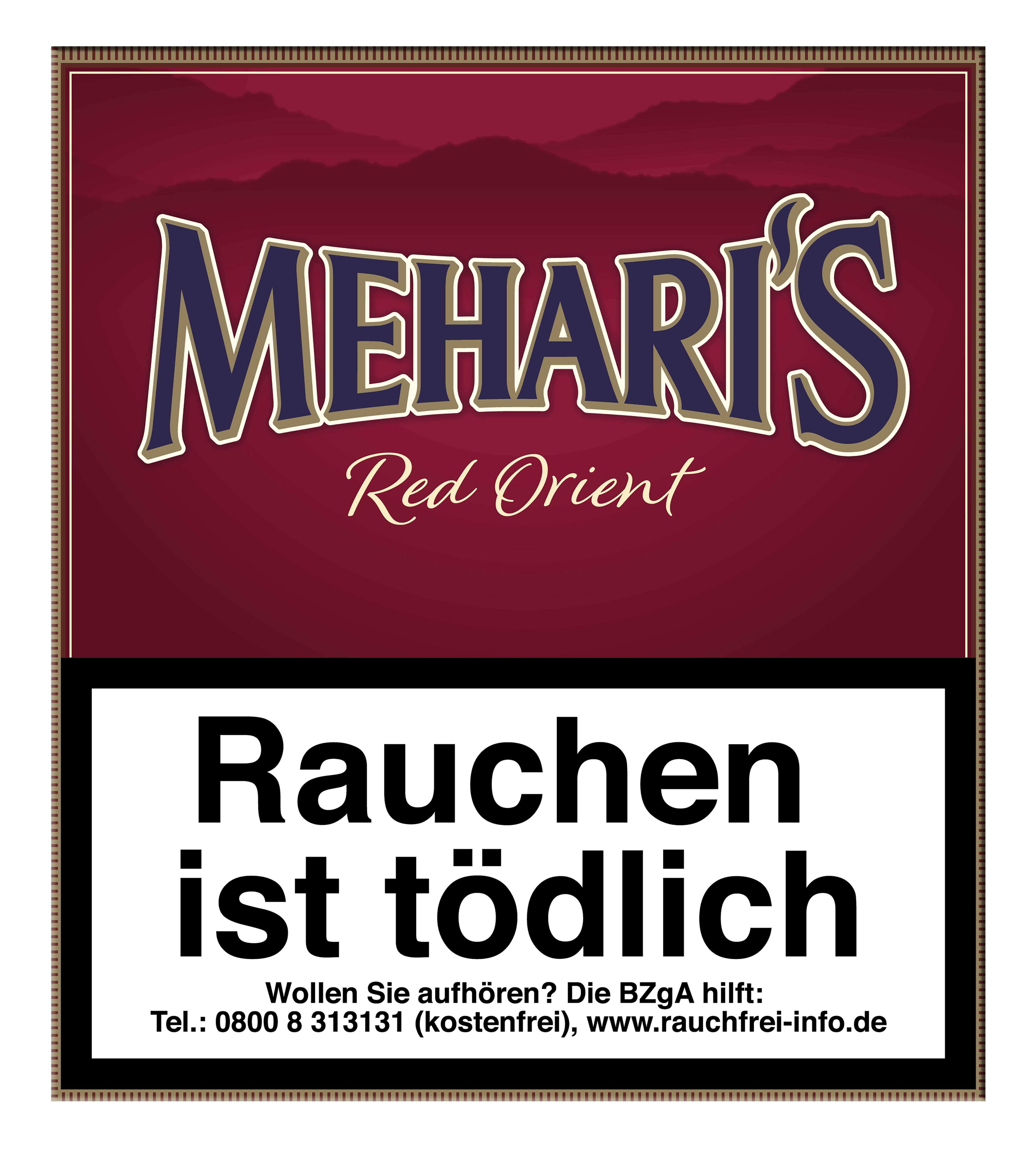 Meharis Red Orient Zigarillos in der Stange mit 5 Packungen zu je 20 Stück, inklusive gesetzlichem Warnhinweis und Kontaktinformationen.