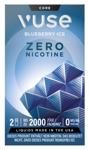 Vuse Pod Blueberry Ice 0mg in einer Packung mit 2 Stück, gestaltet in Blau und Weiß mit geometrischem Muster für Vuse GO Reload und Vuse PRO Smart Systeme.