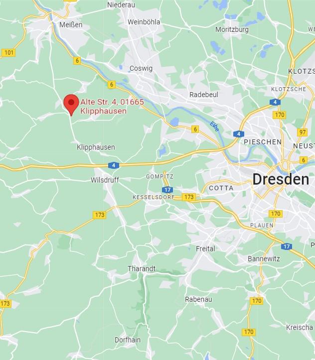 Ein Ausschnitt aus Google Maps, auf dem der Standort Klipphausen gekennzeichnet ist.