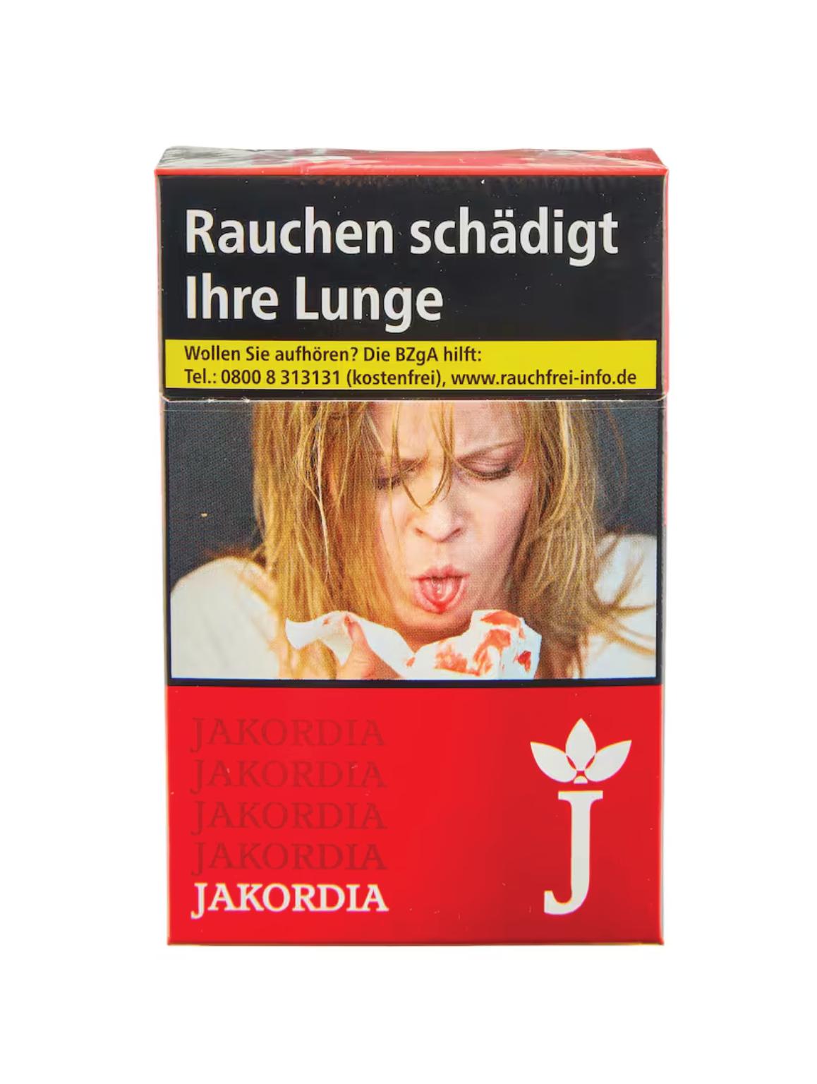 Packung Jakordia Zigaretten Rot, rote Verpackung mit schwarzer Schrift und dem Jakordia Logo, enthält 20 Stück.