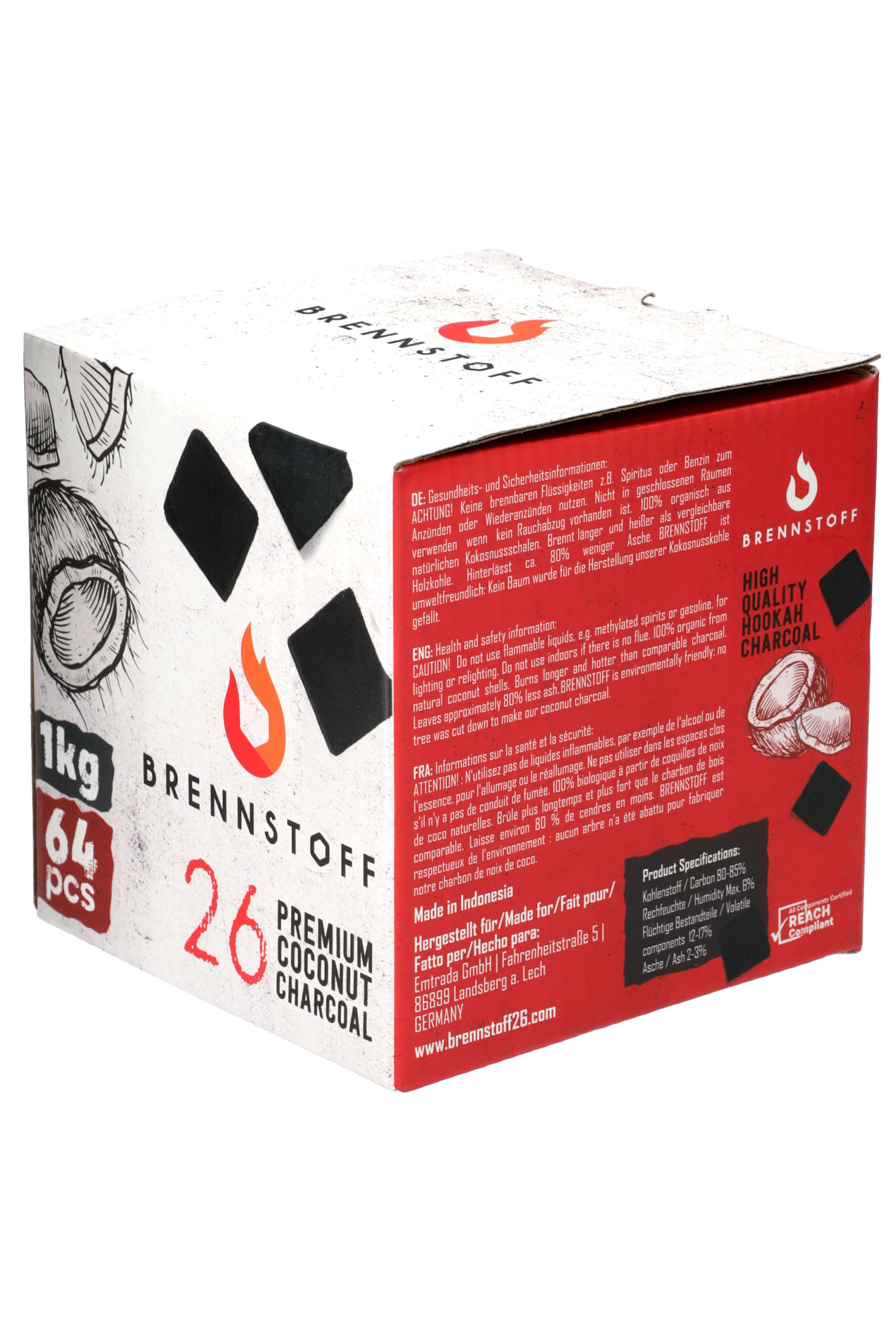 Brennstoff Shisha Naturkohle 1kg 1 Packung, Kokosnusskohle in weißer Box mit roten Akzenten, enthält 64 Stück.