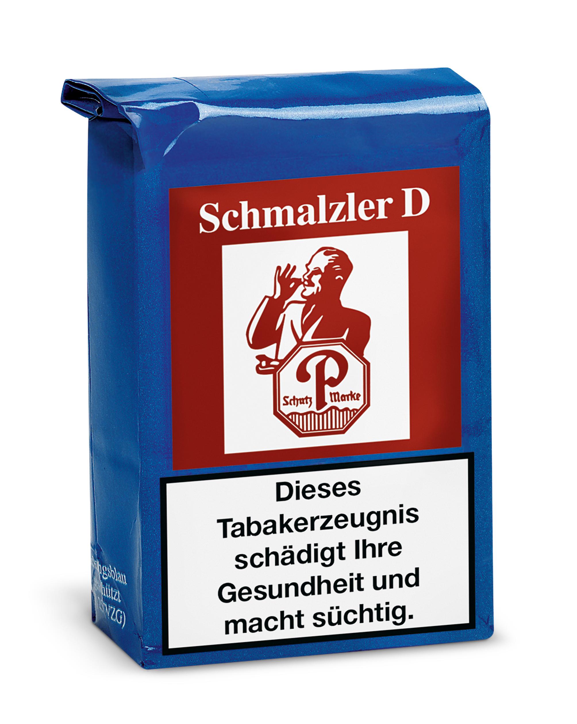 Blauer Beutel Schmalzler Schnupftabak D von Schmalzler mit rotem Label, Mann-Illustration und 100 Gramm Inhalt.