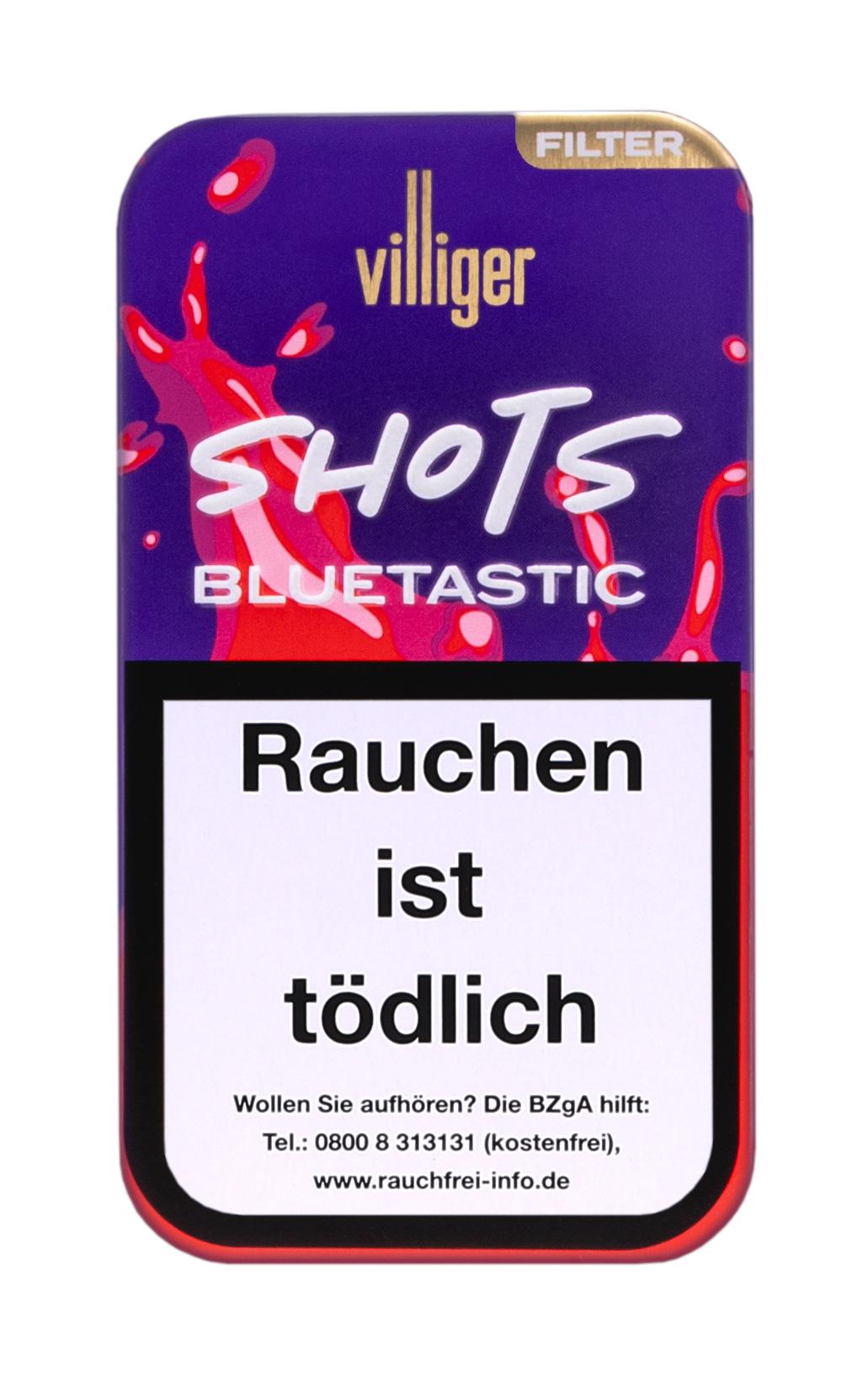 Lila rechteckige Packung Villiger Shots für 10 Stück, aufrecht stehend, mit goldener Villiger-Schrift und gesetzlichem Warnhinweis.