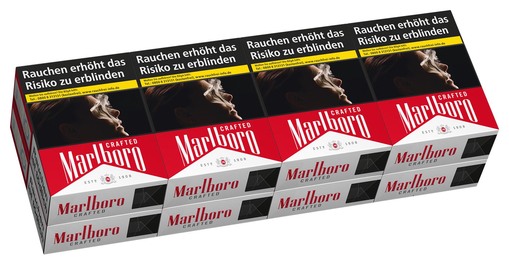Marlboro Crafted Red XXL Zigaretten in der Verpackungseinheit von 8 Packungen mit jeweils 28 Stück, angeordnet vor weißem Hintergrund.