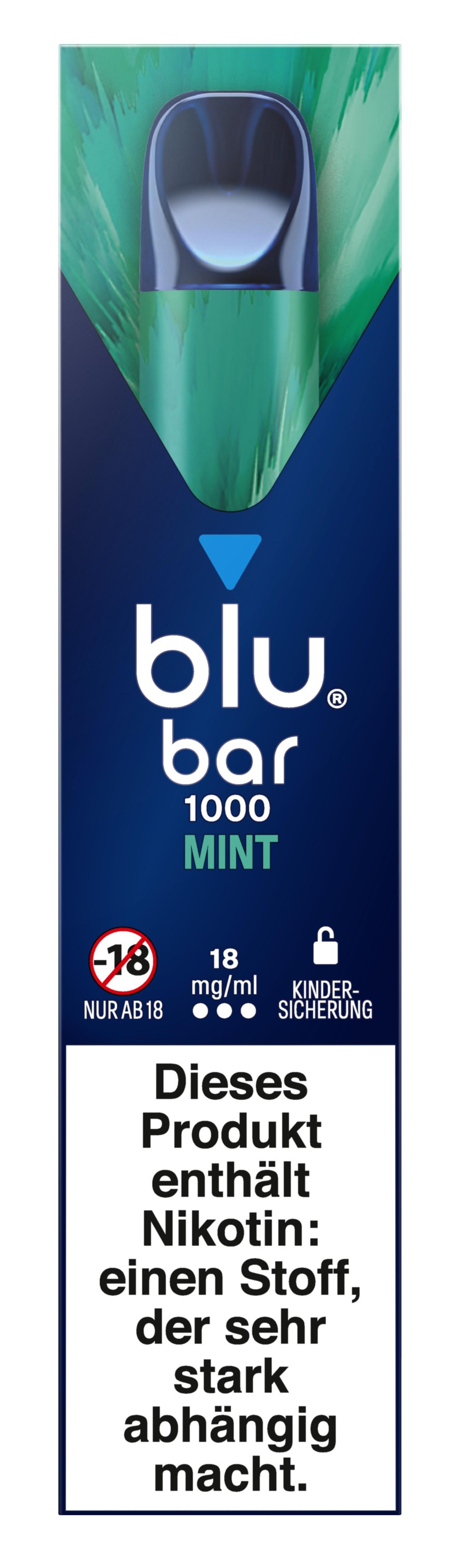 blu bar 1000 E-Zigarette in blauer Verpackung mit 18 mg Nikotin, 1 Stück, inklusive Sicherheitshinweisen und Kennzeichnung zum Jugendschutz.