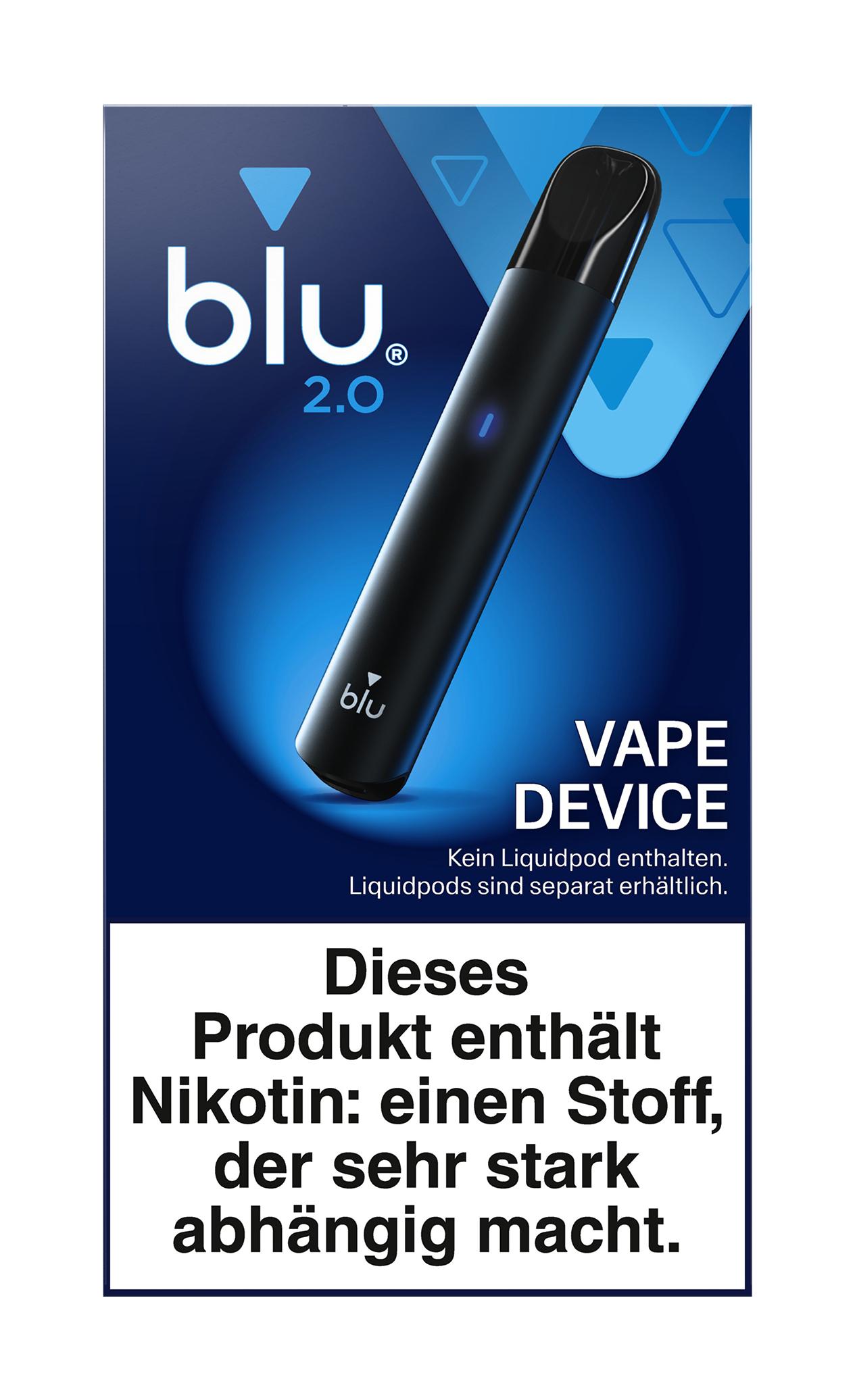 Schwarze blu 2.0 Vape Batterieeinheit von blu im Einzelpack mit blauem Indikatorlicht und USB-C Anschluss.
