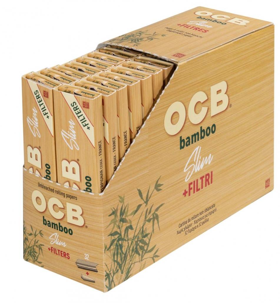 OCB Bamboo Slim Tips Zigarettenpapier unbleached und Filter in offener Holzbox mit Bambus-Design.