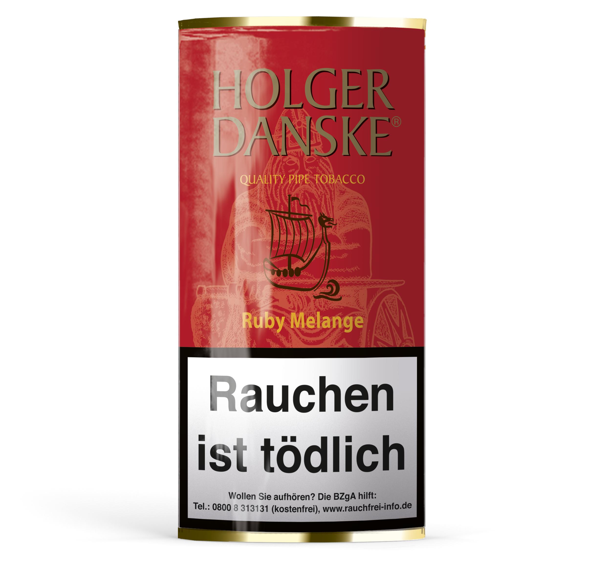 Holger Danske Quality Pfeifentabak in roter Dose (40 Gramm) mit goldener Wikingerschiff-Illustration.