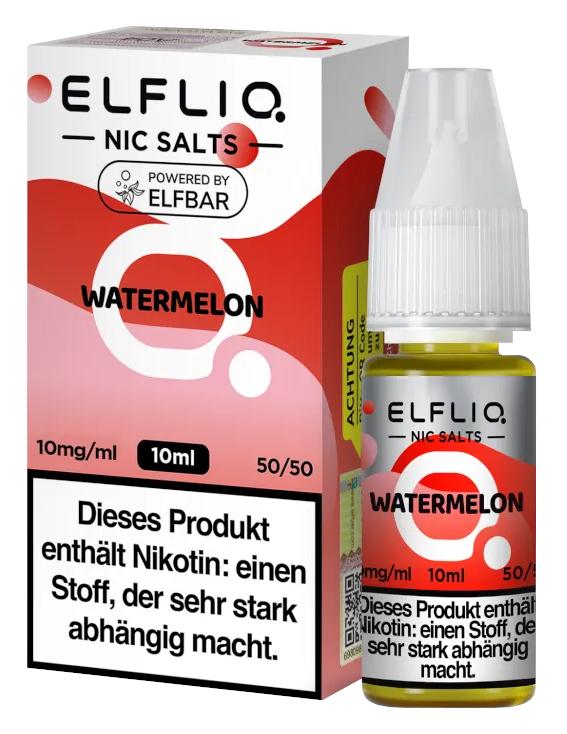 ELFLIQ by Elfbar Nikotinsalz-Liquid in der 10ml-Flasche mit 10mg Nikotingehalt und Umverpackung, inklusive Kennzeichnung des Mischverhältnisses.