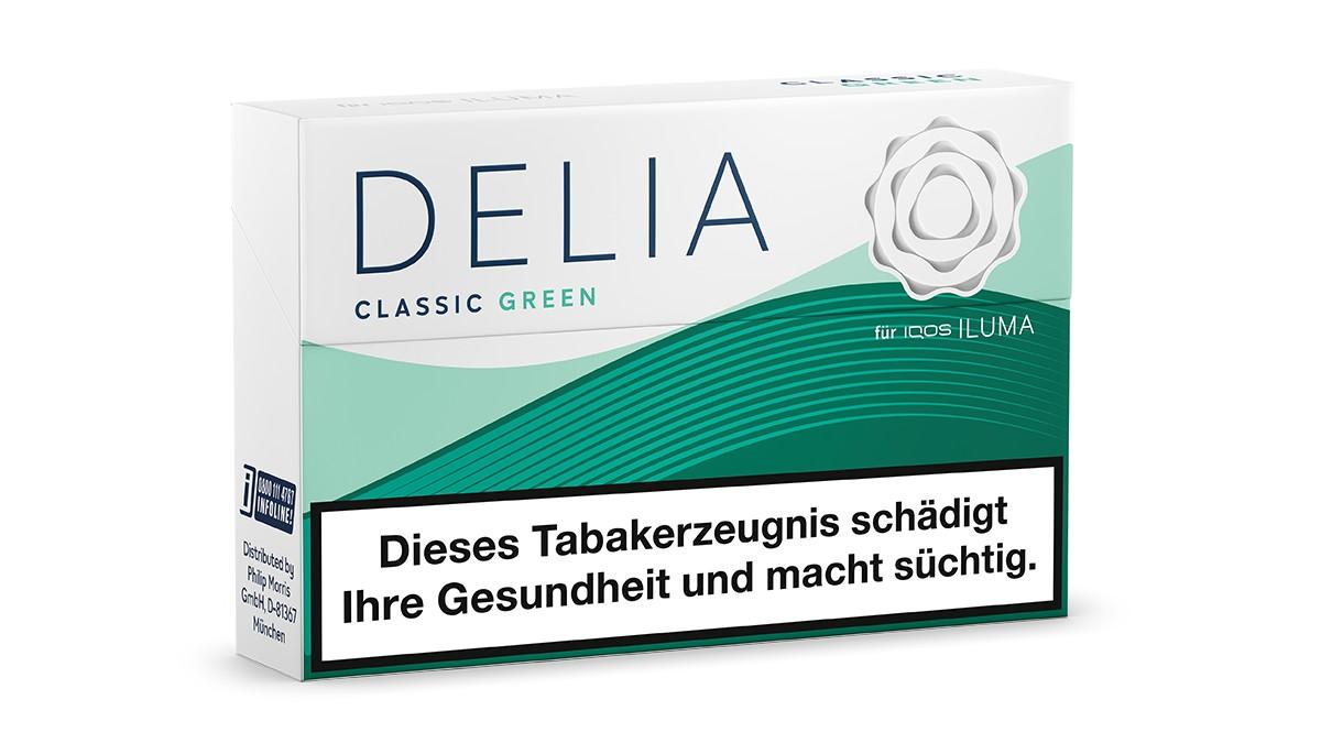 DELIA Classic Green Tabaksticks für IQOS Iluma Geräte in einer weißen Packung mit 20 Stück und dem gesetzlichen Warnhinweis.