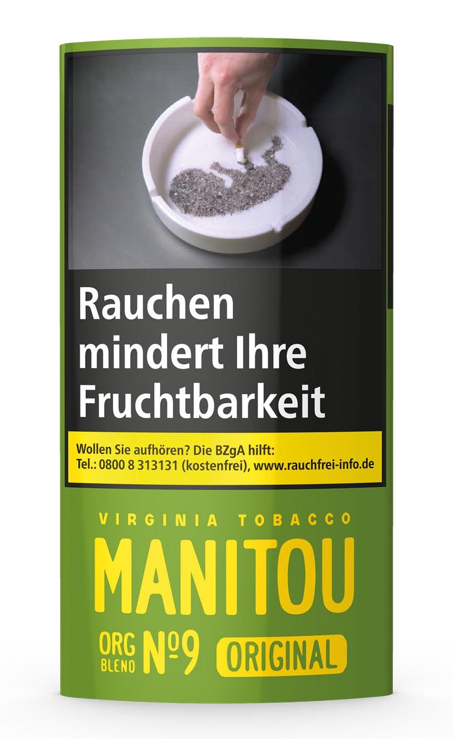 ```xml Manitou Zigarettentabak Organic Blend No. 9 Green zusatzfrei in grün-gelber Packung, 5 Pouches á 30 Gramm. ```
