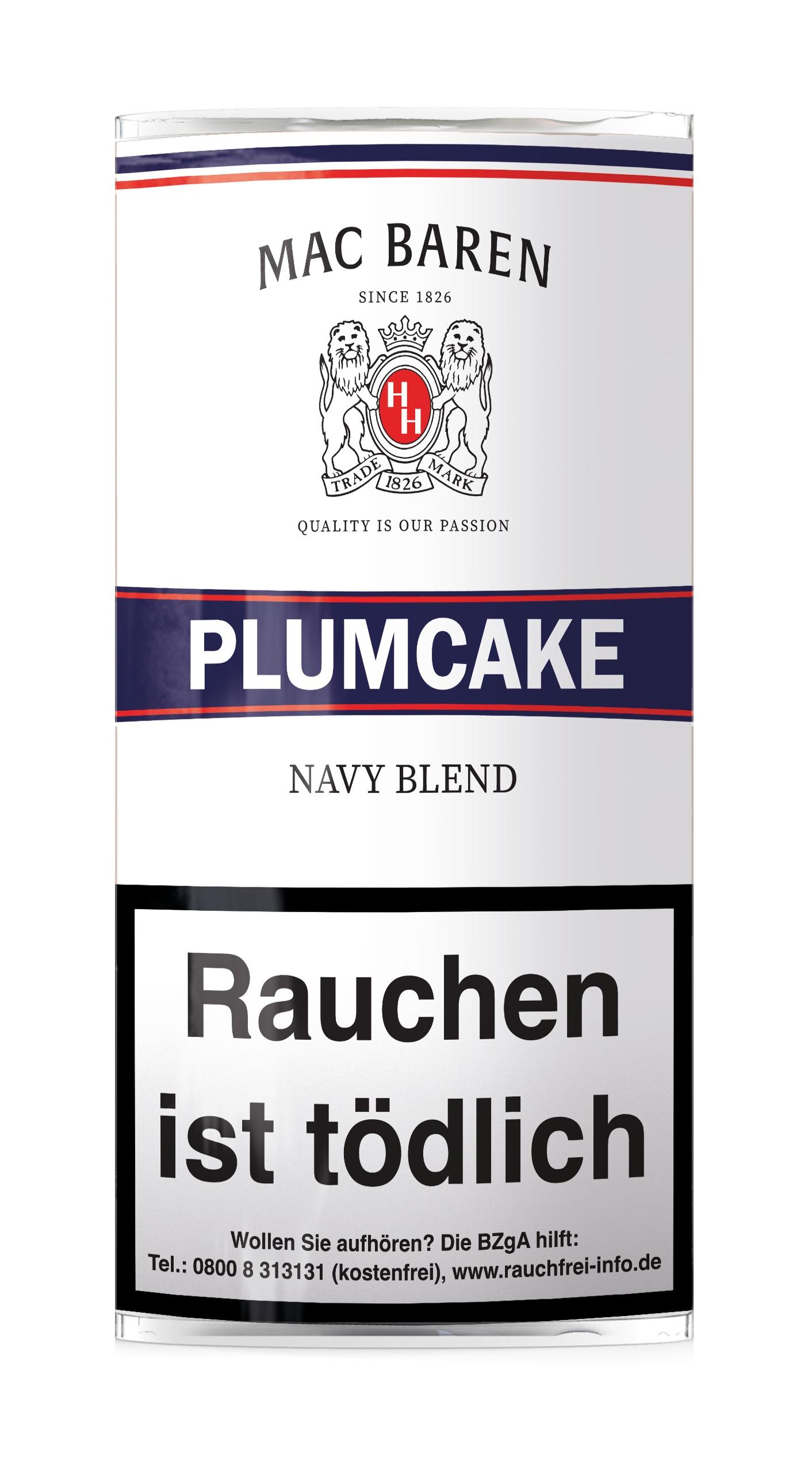 Mac Baren Plumcake Pfeifentabak, bestehend aus 5 Pouches zu je 50 Gramm, in weißer Verpackung mit blau-roten Streifen und Markenbeschriftung.