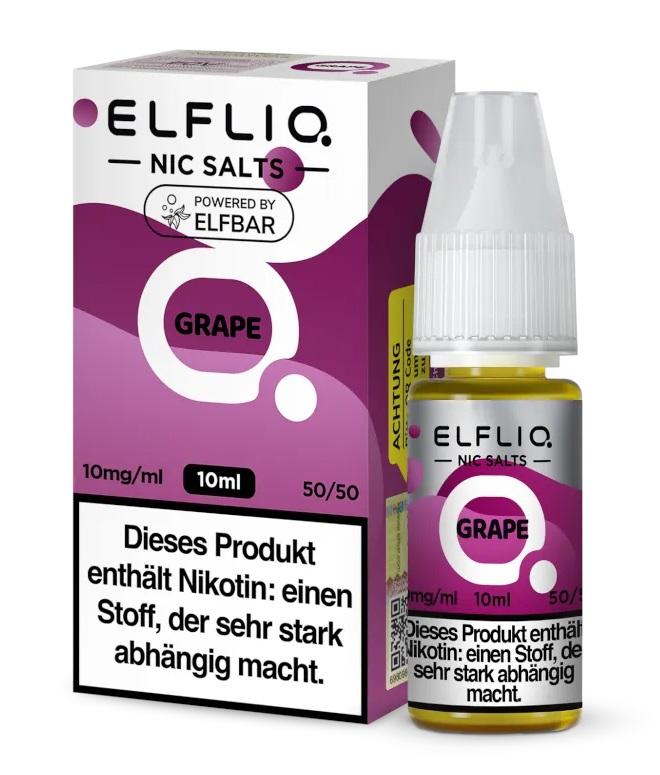 ELFLIQ E-Liquid in der 10mg Nikotinsalz-Variante, bestehend aus einer bernsteinfarbenen Flasche mit weißem Verschluss und zugehöriger Verpackung, 1 Stück.