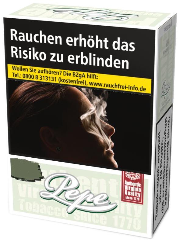 Pepe Fine Green Zigaretten in der 30-Stück-Packung mit weißem Design, prominentem Logo auf grünem Hintergrund und obligatorischem Sicherheitshinweis.