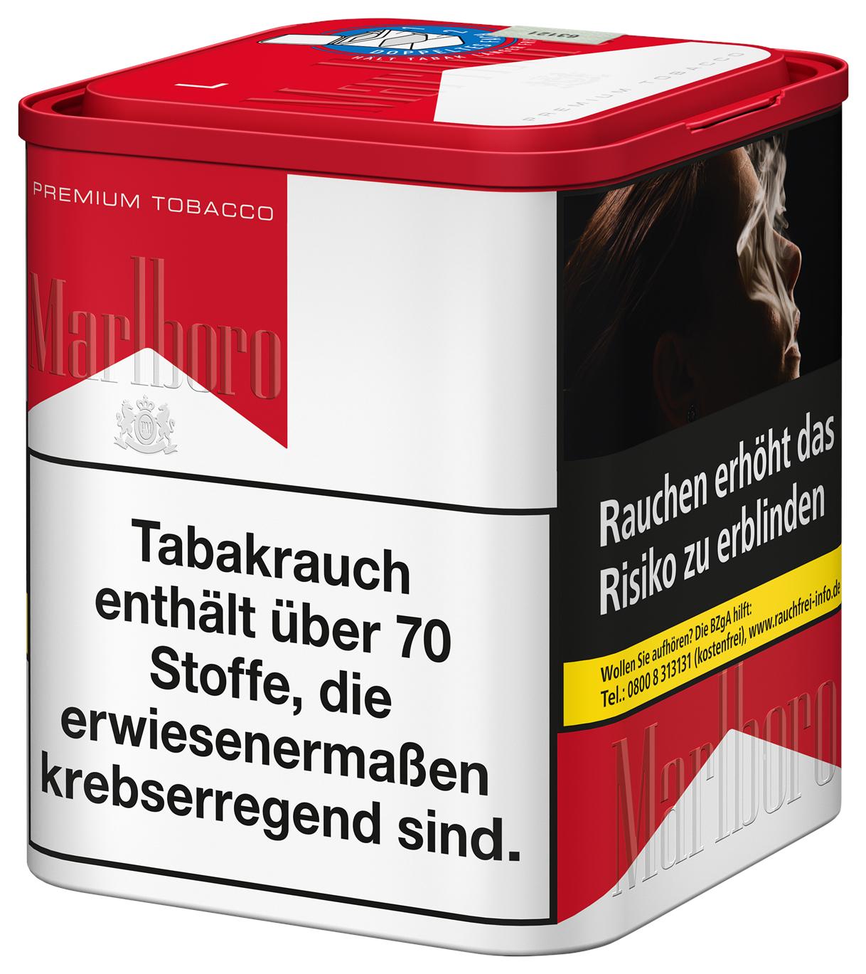 Rote, quadratische Dose Marlboro Premium Zigarettentabak Red XL mit 105 Gramm Füllmenge. Das weiße Etikett der Dose zeigt das Marlboro Logo und den englischen Schriftzug 'Premium Tobacco'.