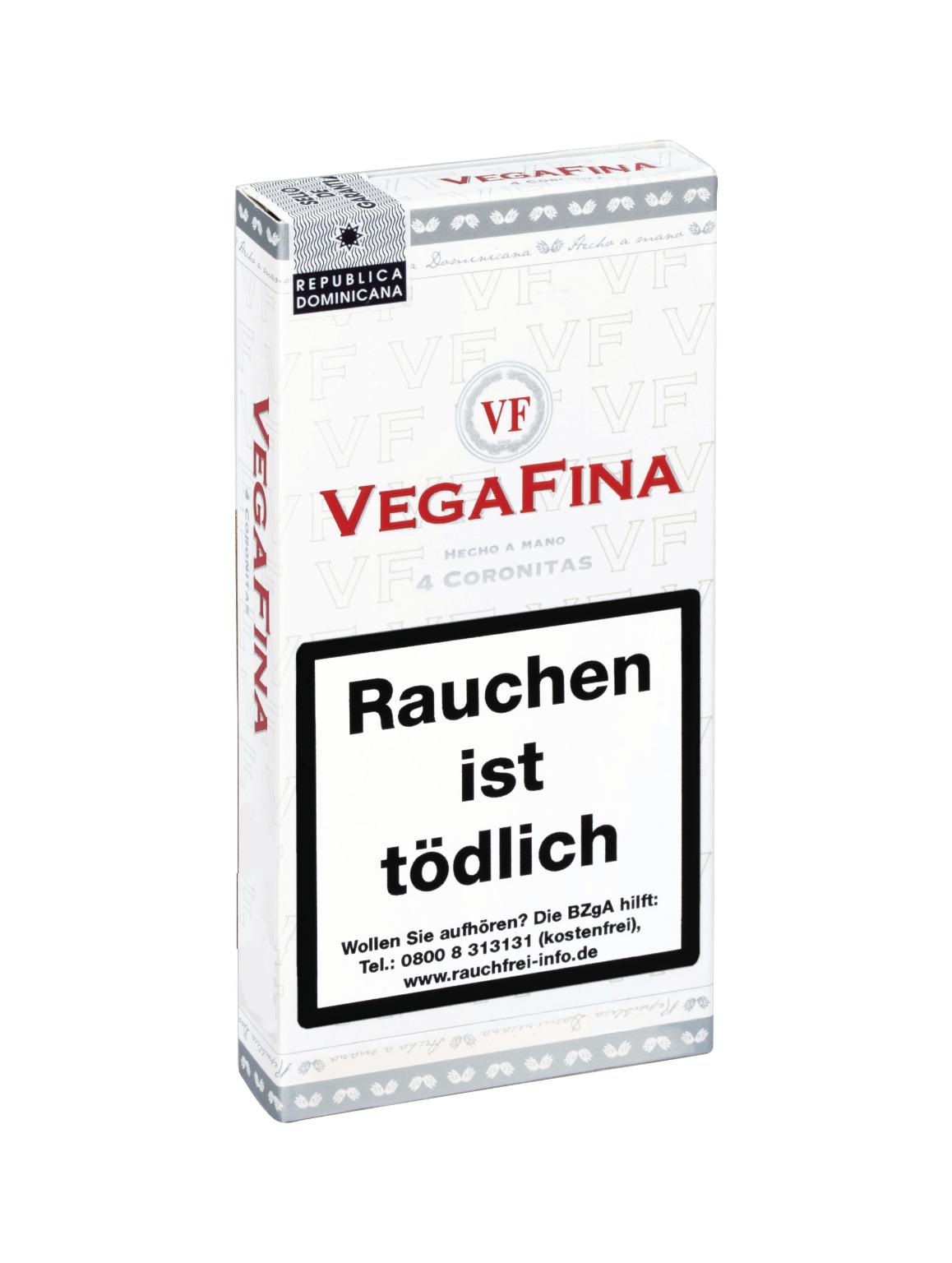 VegaFina Zigarren Coronita in weißer rechteckiger Schachtel für 4 Stück, mit roten und grauen Akzenten und Herkunftsangabe.