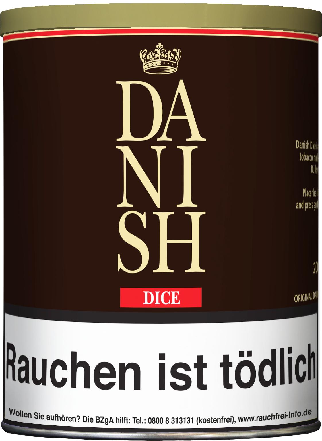 Danish Dice Pfeifentabak in der 200 Gramm Dose, dunkelbraunes zylindrisches Gefäß mit goldenem Logo, Schriftzug und gesetzlichem Warnhinweis.