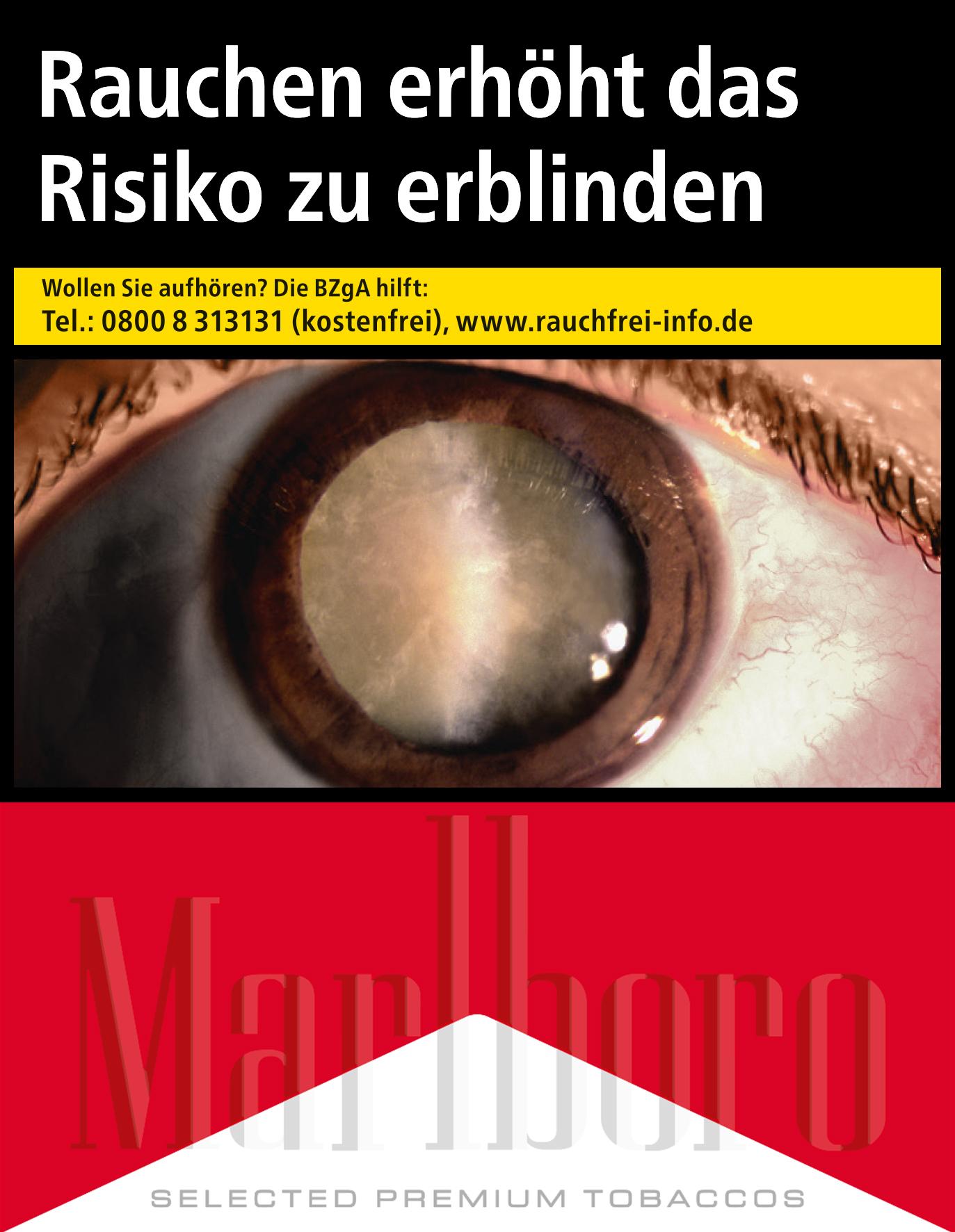 Schwarz-weiße Marlboro Werbung für Red 5XL Zigaretten (Packung mit 38 Stück) mit einer Nahaufnahme eines Auges und dem Warnhinweis 'Rauchen erhöht das Risiko zu erblinden'.