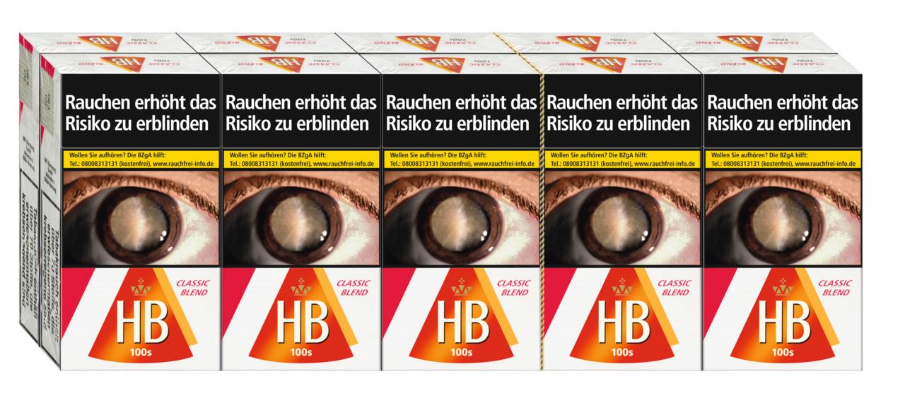 HB Classic Blend 100 Zigaretten der Marke HB in rot-orangener Stangen-Verpackung, verziert mit einem auffälligen Augen-Motiv und dem Warnhinweis "Rauchen erhöht das Risiko zu erblinden". Verpackungseinheit: 1 Stange.