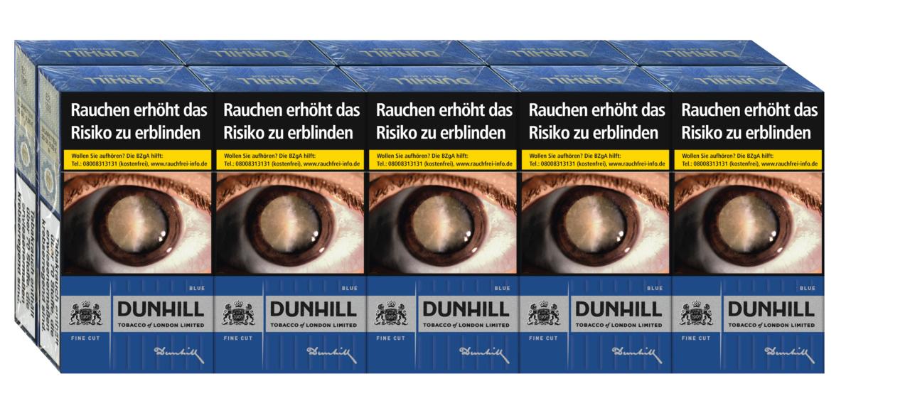 Gestapelte Stange Dunhill Fine Cut Blue Zigaretten, enthält 10 Packungen á 20 Stück.