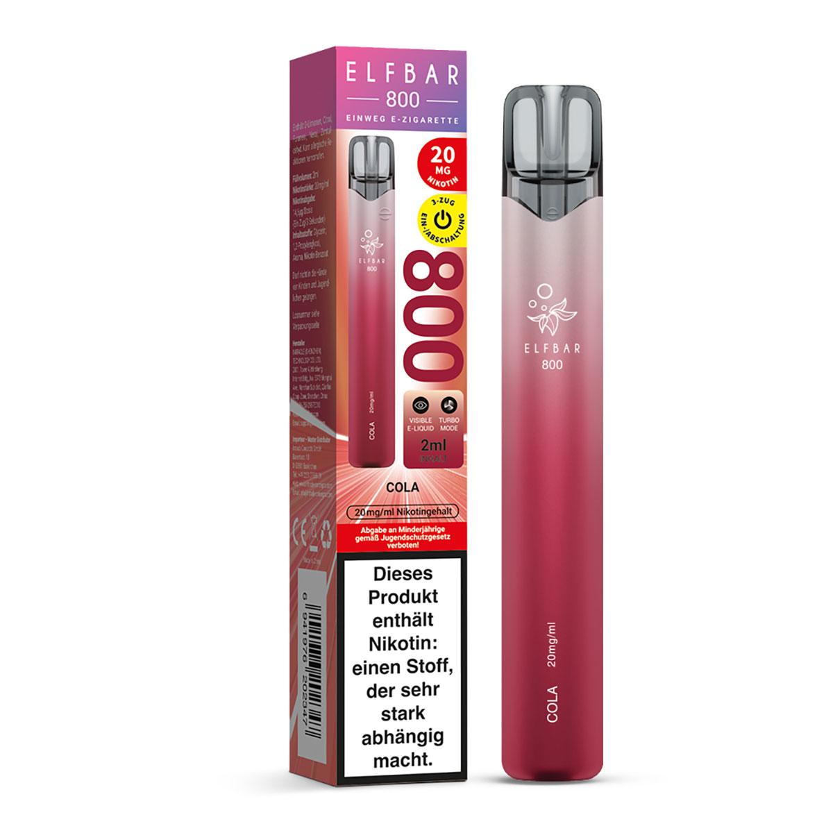 Pinke Elfbar 800 E-Zigarette inklusive Verpackung mit 20 mg/ml Nikotingehalt, 2,0 ml Kapazität und deutscher Kennzeichnung, 1 Stück.