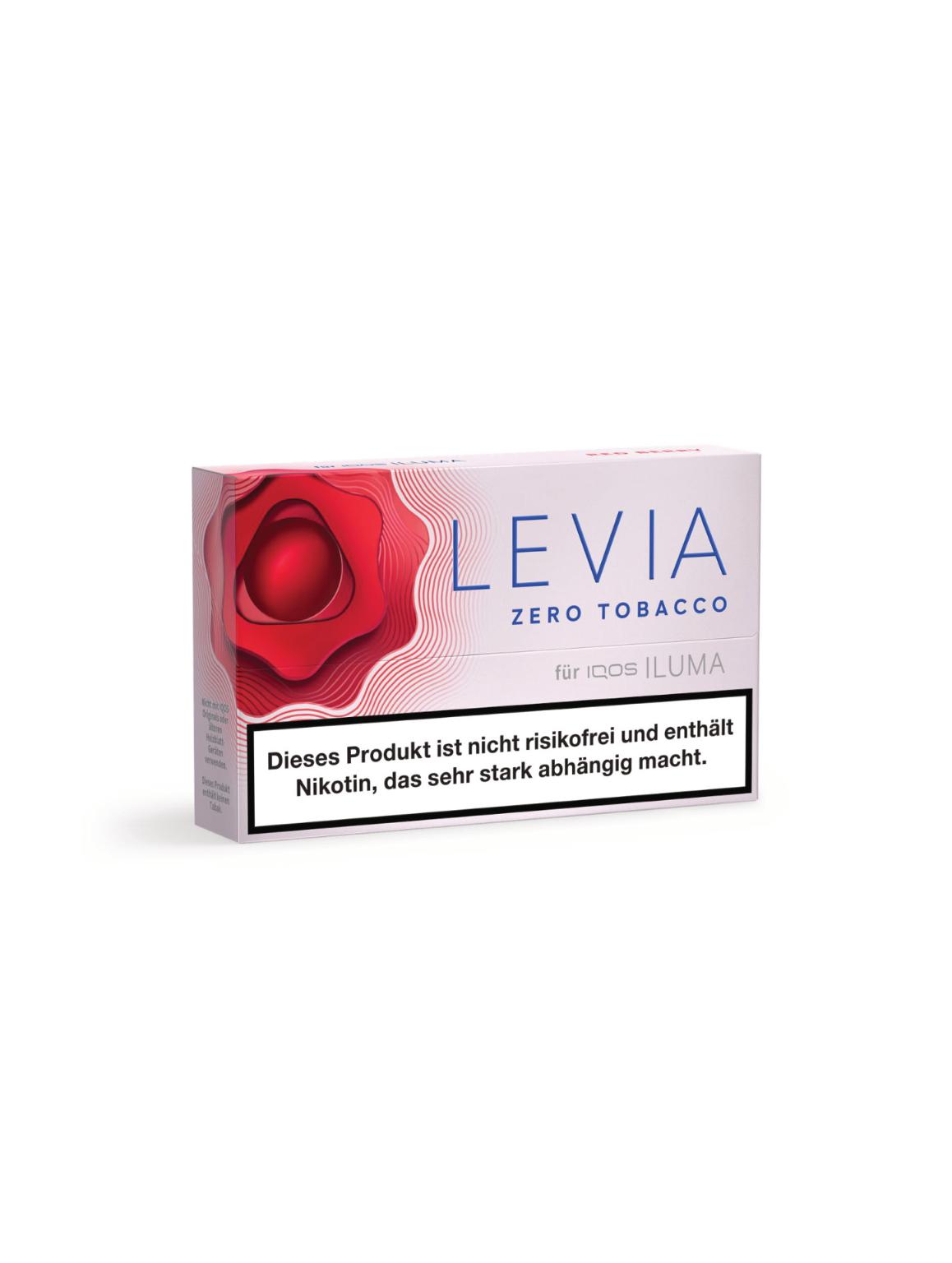 LEVIA Red Berry Tabaksticks für IQOS ILUMA in einer weißen Schachtel mit rotem Rosen-Design, Packung mit 20 Stück und gesetzlichem Warnhinweis.