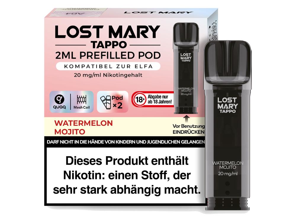 Packung Lost Mary TAPPO Pods mit zwei schwarzen vorgefüllten Pods, 20mg/ml Nikotin.