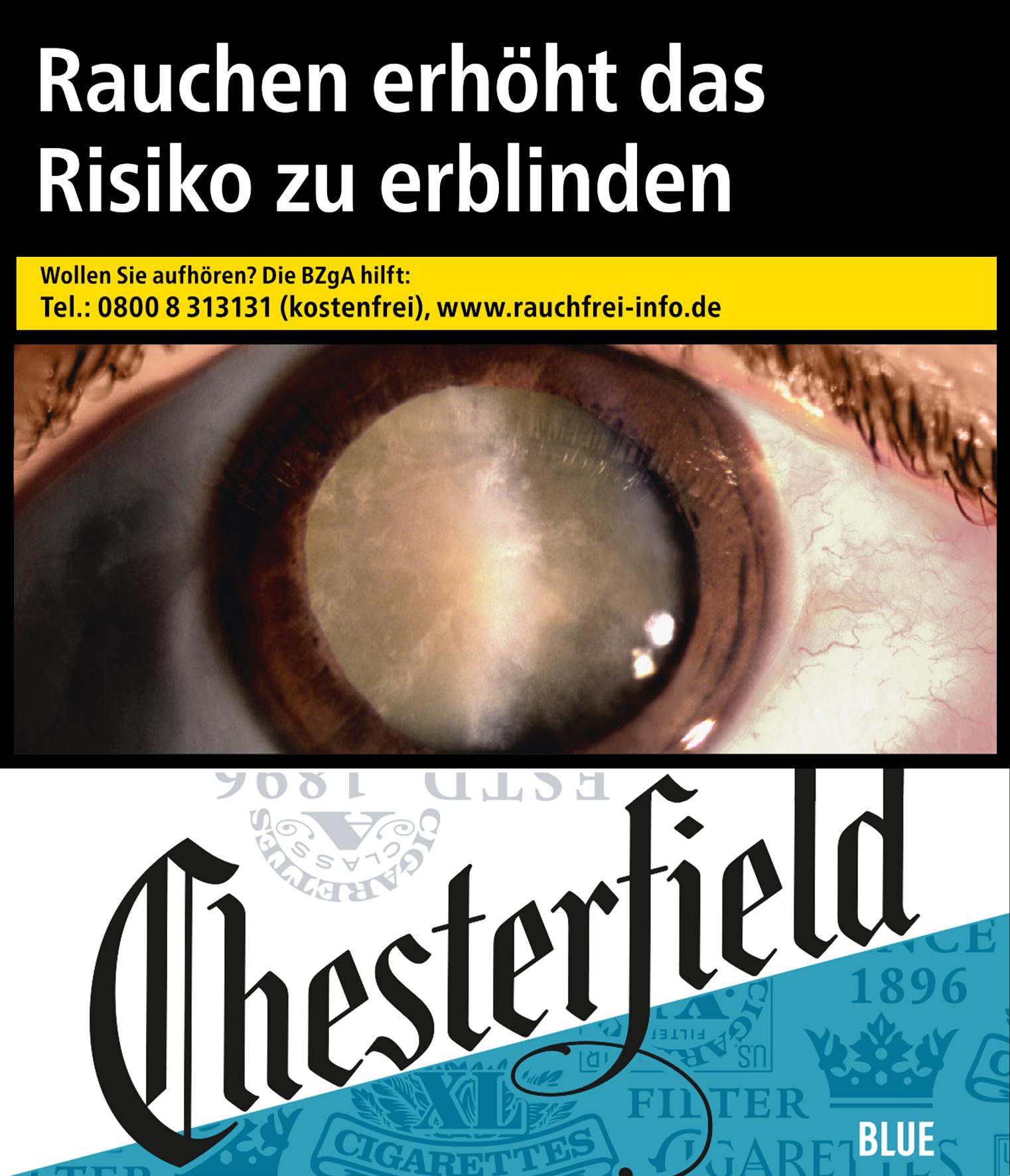 Blaue und weiße Packung Chesterfield Blue 4XL Zigaretten mit dem Warnhinweis "Rauchen erhöht das Risiko zu erblinden" und dem Bild eines Auges, 39 Stück.