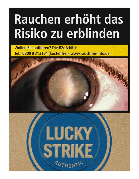Lucky Strike Authentic Blue Giga Filterzigaretten Packung mit 23 Stück, ohne Zusatzstoffe, mit blauem Logo.