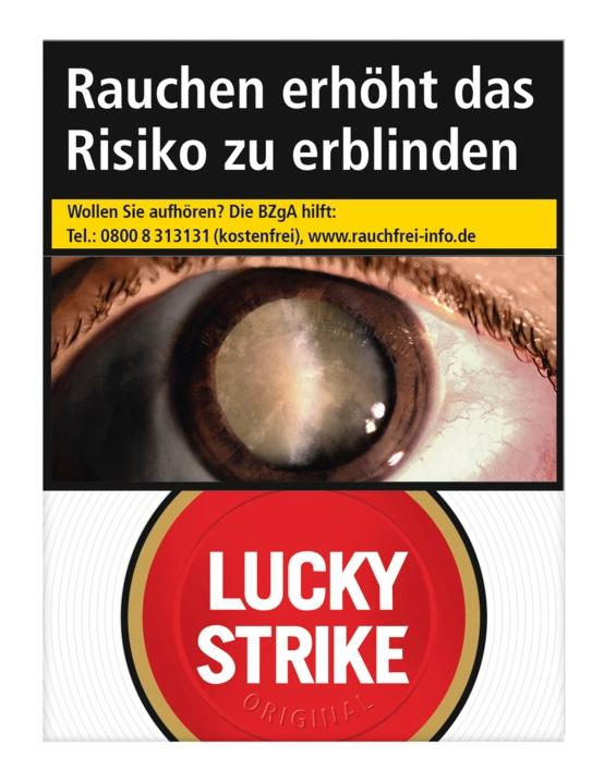 Lucky Strike Red Giga Zigaretten Packung, rot-weiß mit schwarzem Header und Lucky Strike Schriftzug, 23 Stück.