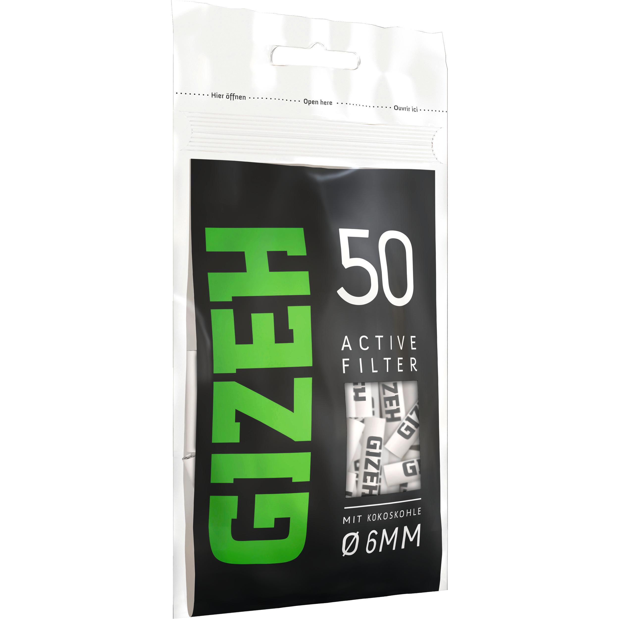 Schwarz-weiße Packung der Gizeh Black Active Filter 6mm, verkauft als Stange mit zehn Packungen à 50 Stück.