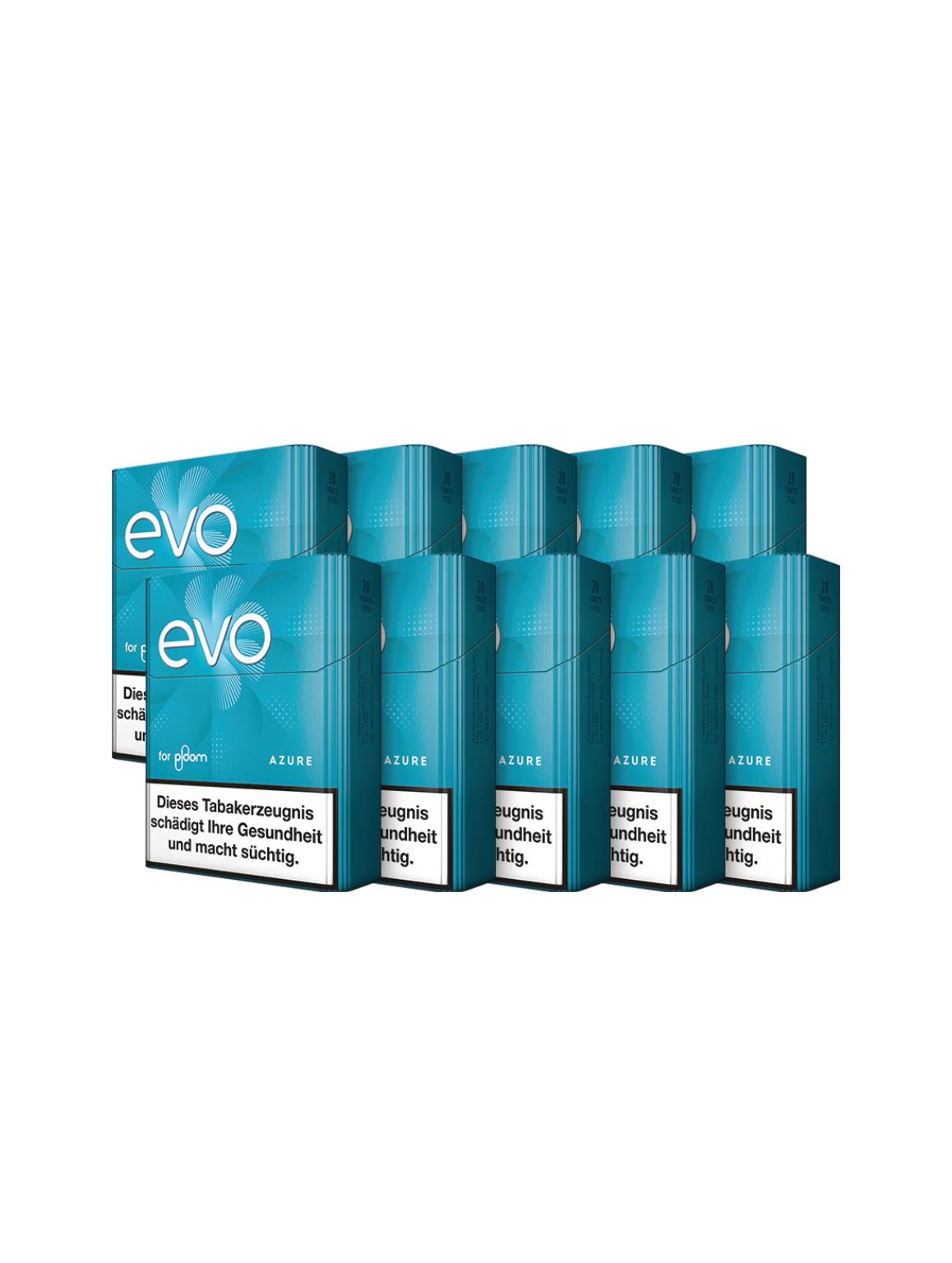 EVO Azure Tabaksticks in 10 Packungen mit je 20 Stück, angeordnet in zwei Reihen, inklusive gesetzlichem Warnhinweis zur gesundheitlichen Schädigung.