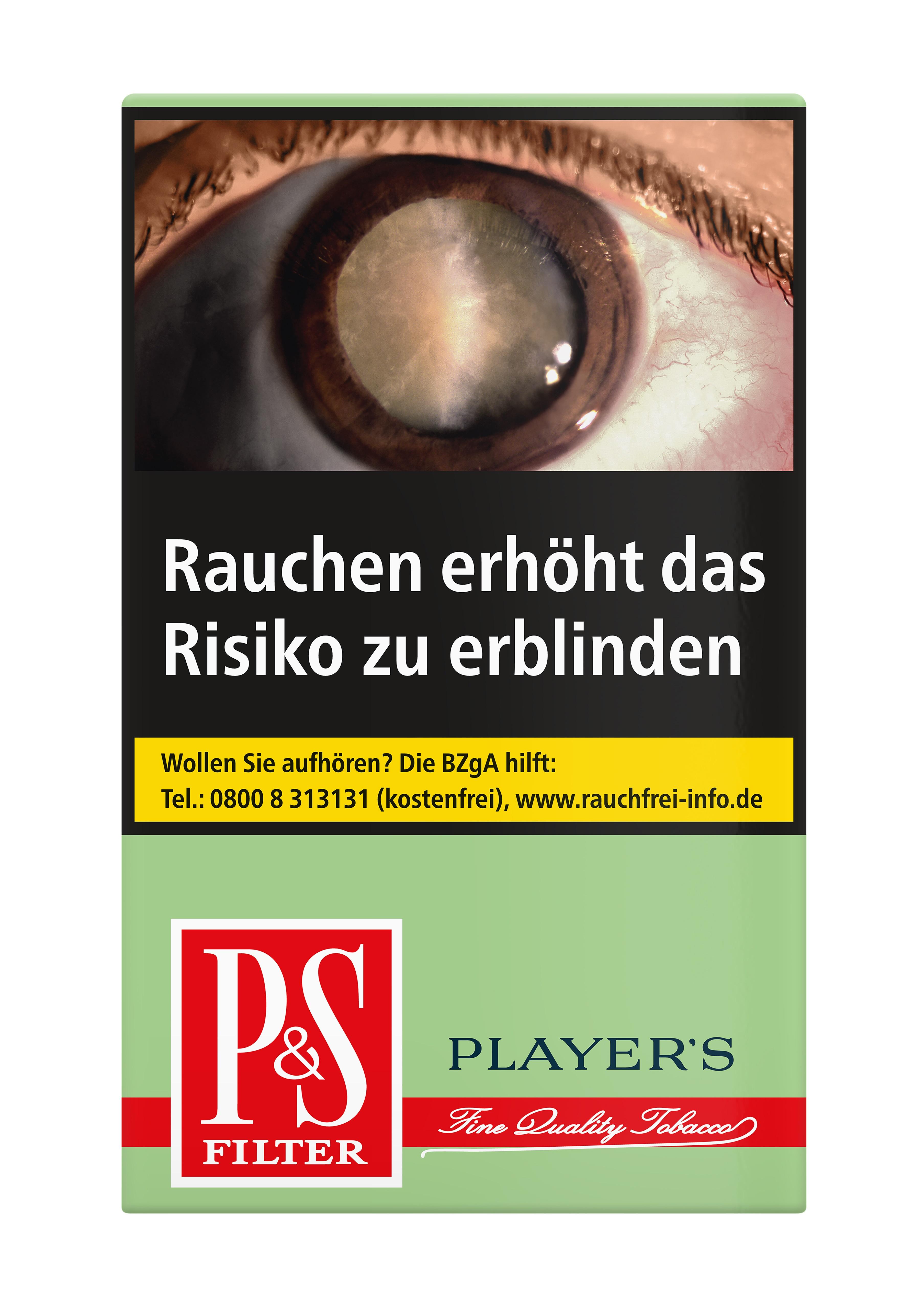 P&S Filter Soft Zigaretten Packung mit grünem Design, rotem und weißem Logo, Augen-Warnhinweis und Informationen zur Rauchentwöhnung; enthält 20 Stück.
