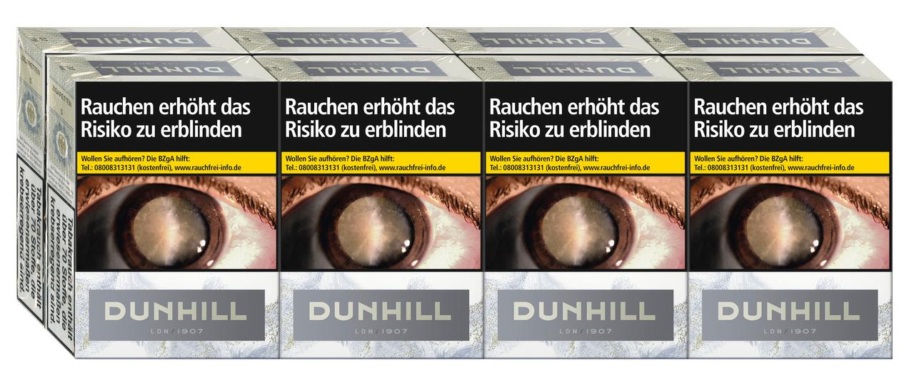 Produktfoto einer Stange Dunhill White MP Filterzigaretten, bestehend aus 8 Packungen á 26 Stück, mit weißer Verpackung, Warnhinweis "Rauchen erhöht das Risiko zu erblinden" und Dunhill London 1907 Logo.