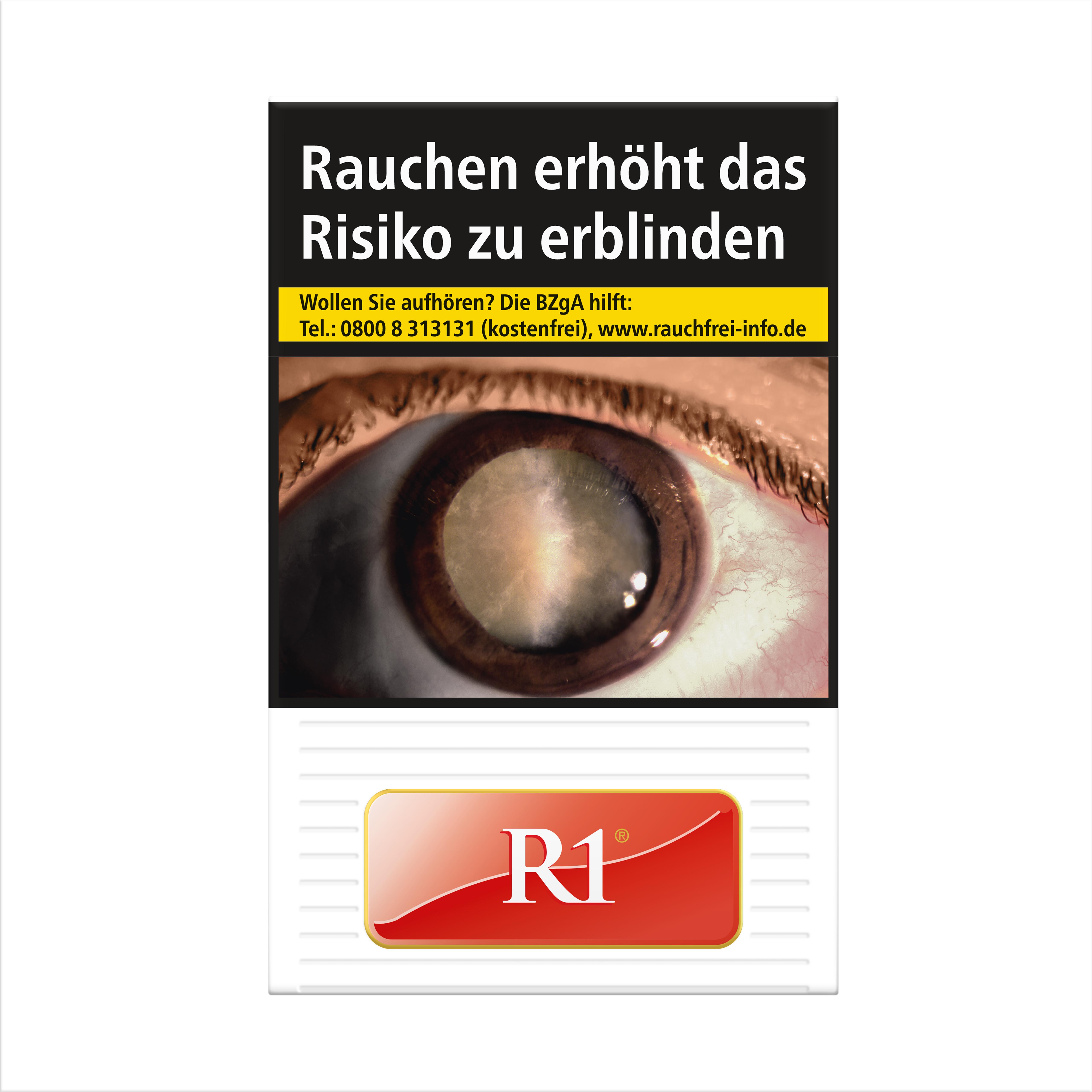 R1 Red Zigaretten in weiß-schwarzer Packung mit R1 Logo, niedrigem Nikotingehalt, als Stange mit 10 Packungen à 20 Stück.