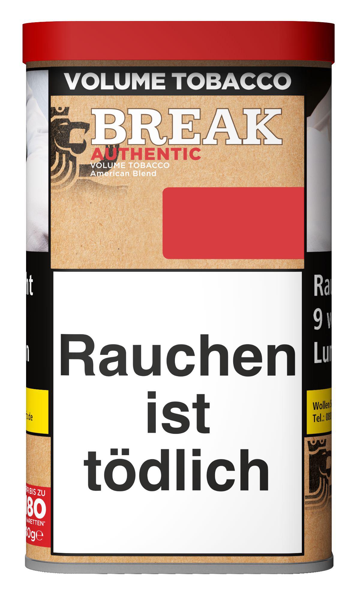 65 Gramm Dose Break Authentic Volume Tobacco American Blend. Dieser Volumentabak von Break ist eine American Blend Mischung aus Virginia-, Orient- und Burleytabaken ohne künstliche Zusatzstoffe und wird in einer rot-braunen Dose mit weißem Etikett, rotem 