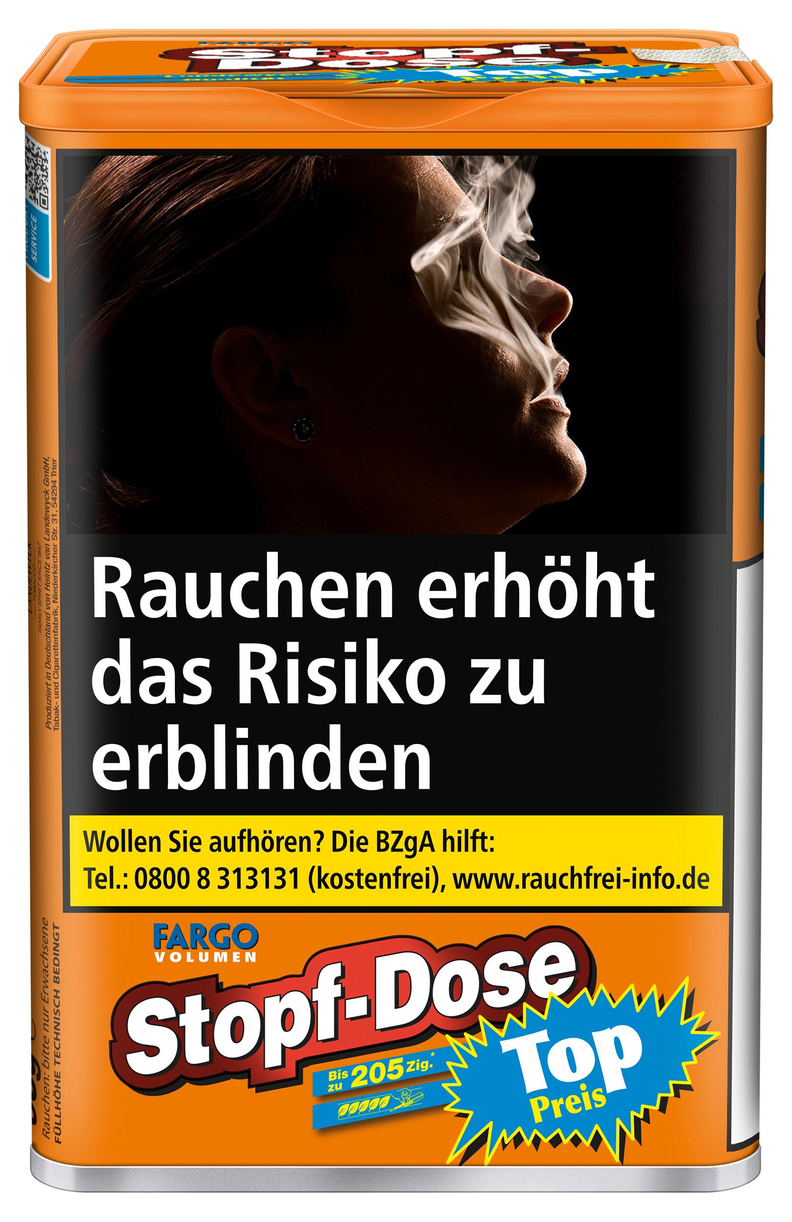 Fargo Volumentabak Stopf-Dose Orange, 92 Gramm, in orangefarbener Dose mit schwarzem Etikett und Warnhinweis "Rauchen erhöht das Risiko zu erblinden".