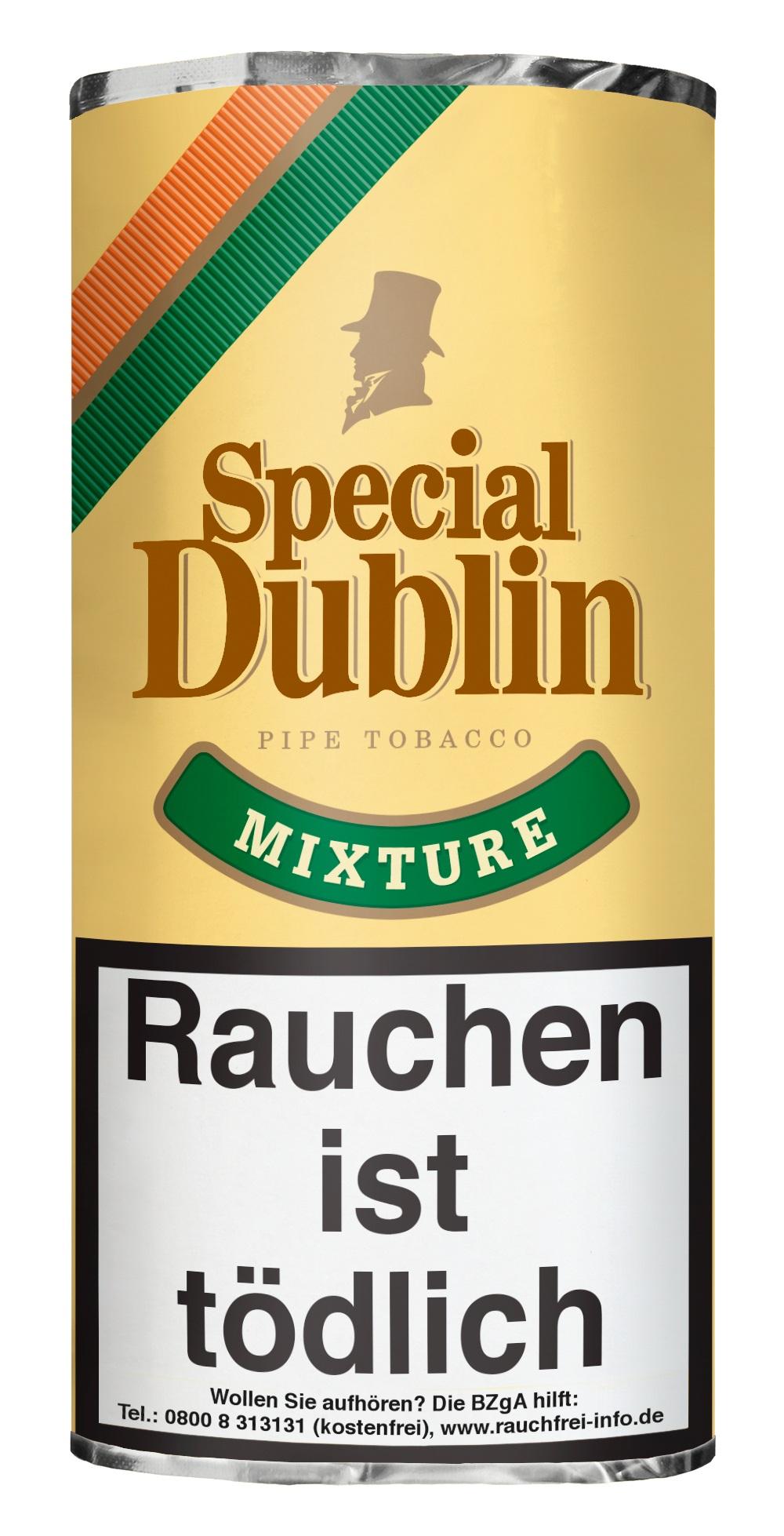 Special Dublin Pfeifentabak in der 50-Gramm-Dose, gelb gestaltet mit grünen und orangen Streifen sowie gesetzlichem Warnhinweis.