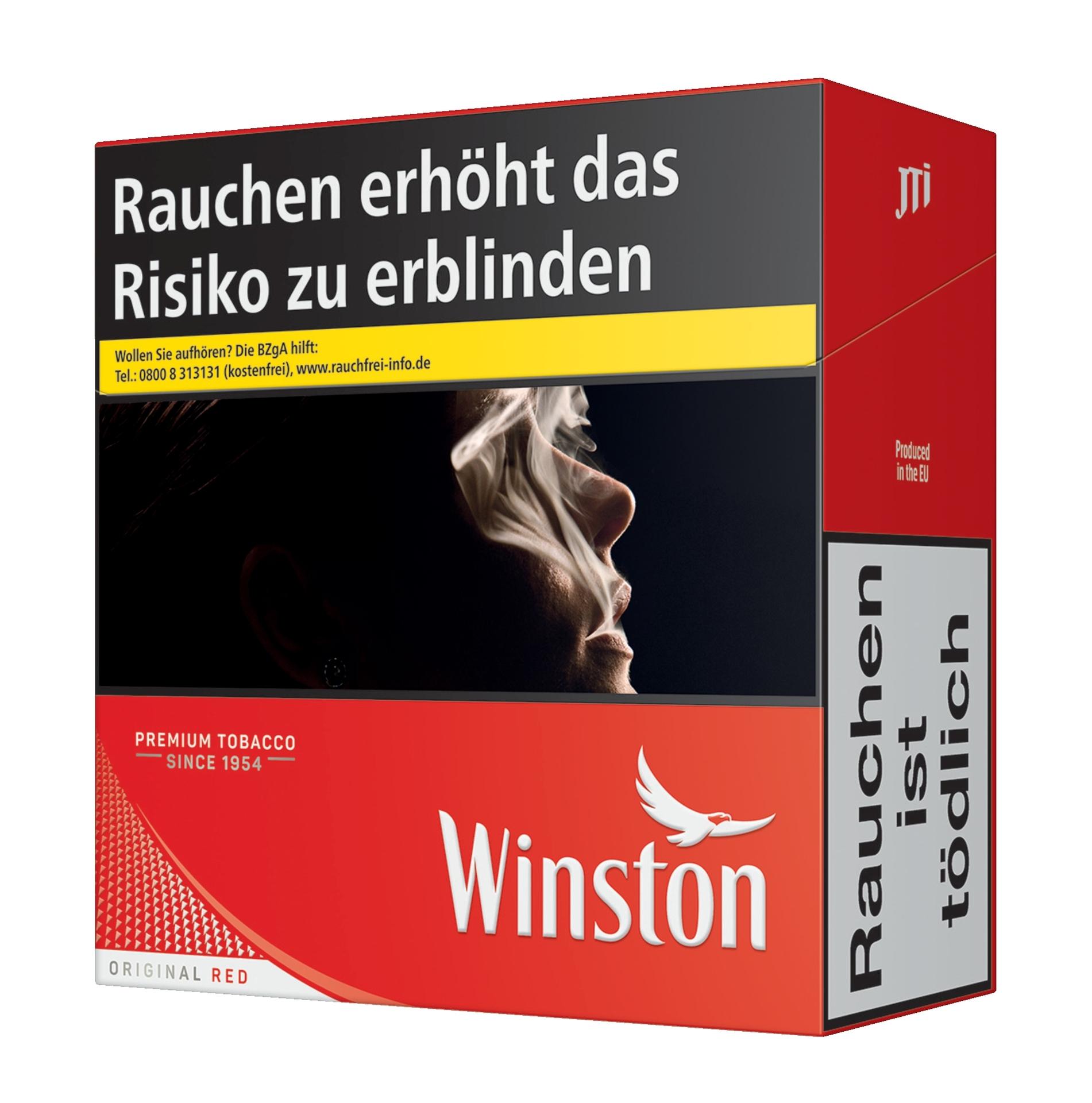 Winston Red Zigaretten, 3 Packungen mit insgesamt 180 Stück, in der rot-weißen Originalverpackung mit dem Markenlogo und gesetzlichem Warnhinweis.