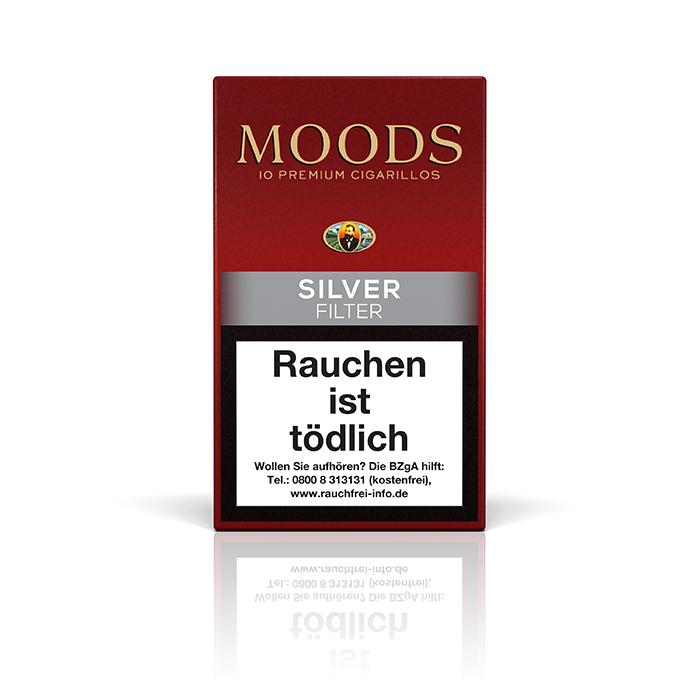 Rote Packung Dannemann Moods Silver Zigarillos mit silbernem Etikett und der Aufschrift "10 Premium Cigarillos", Verpackungseinheit 10 Stück.
