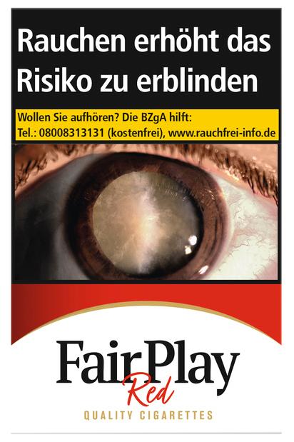 Fair Play Red Zigaretten mit 20 Stück Inhalt in einer Packung mit offizieller gesundheitlicher Warnung und ergänzenden Kontaktinformationen zur Raucherentwöhnung.