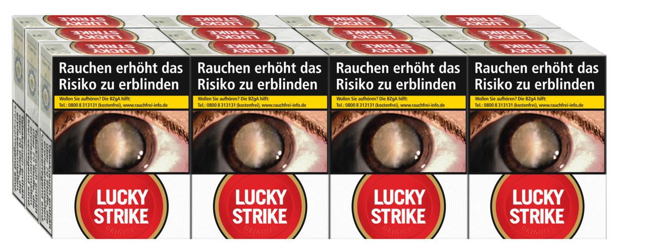 Lucky Strike Red XXL Zigarettenstange, bestehend aus 12 Packungen à 22 Stück, in der charakteristischen weißen Verpackung mit rotem Kreis, dem "Lucky Strike"-Schriftzug und dem Warnhinweis "Rauchen erhöht das Risiko zu erblinden".