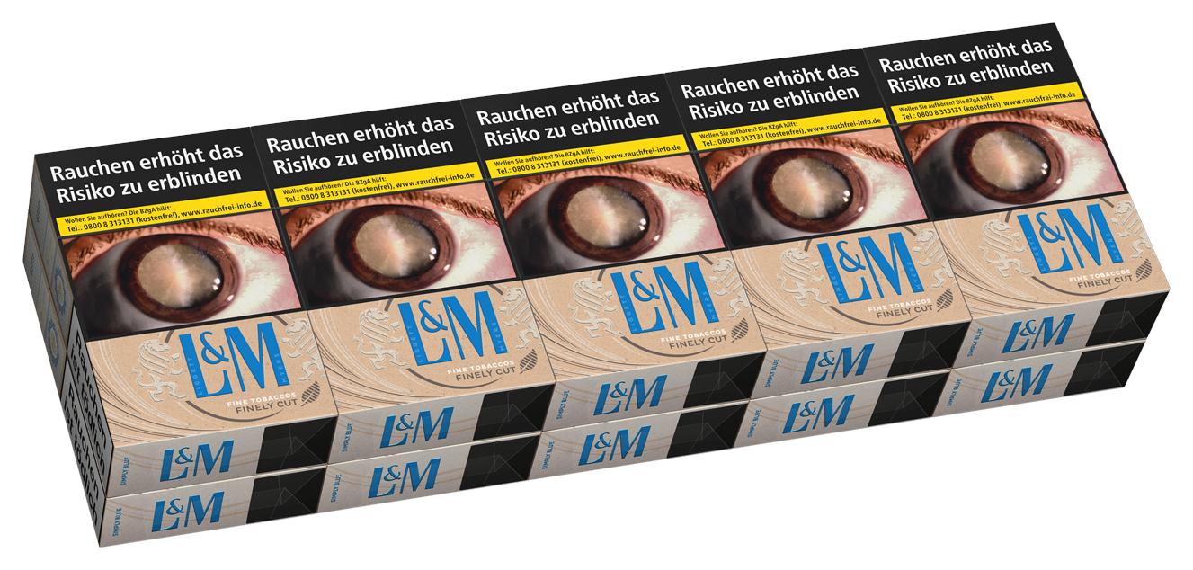 L&M Simply Blue L Zigaretten Stange, bestehend aus 10 Packungen à 20 Stück, in beigen Schachteln mit braunem Augen-Motiv und schwarzer Umrandung.