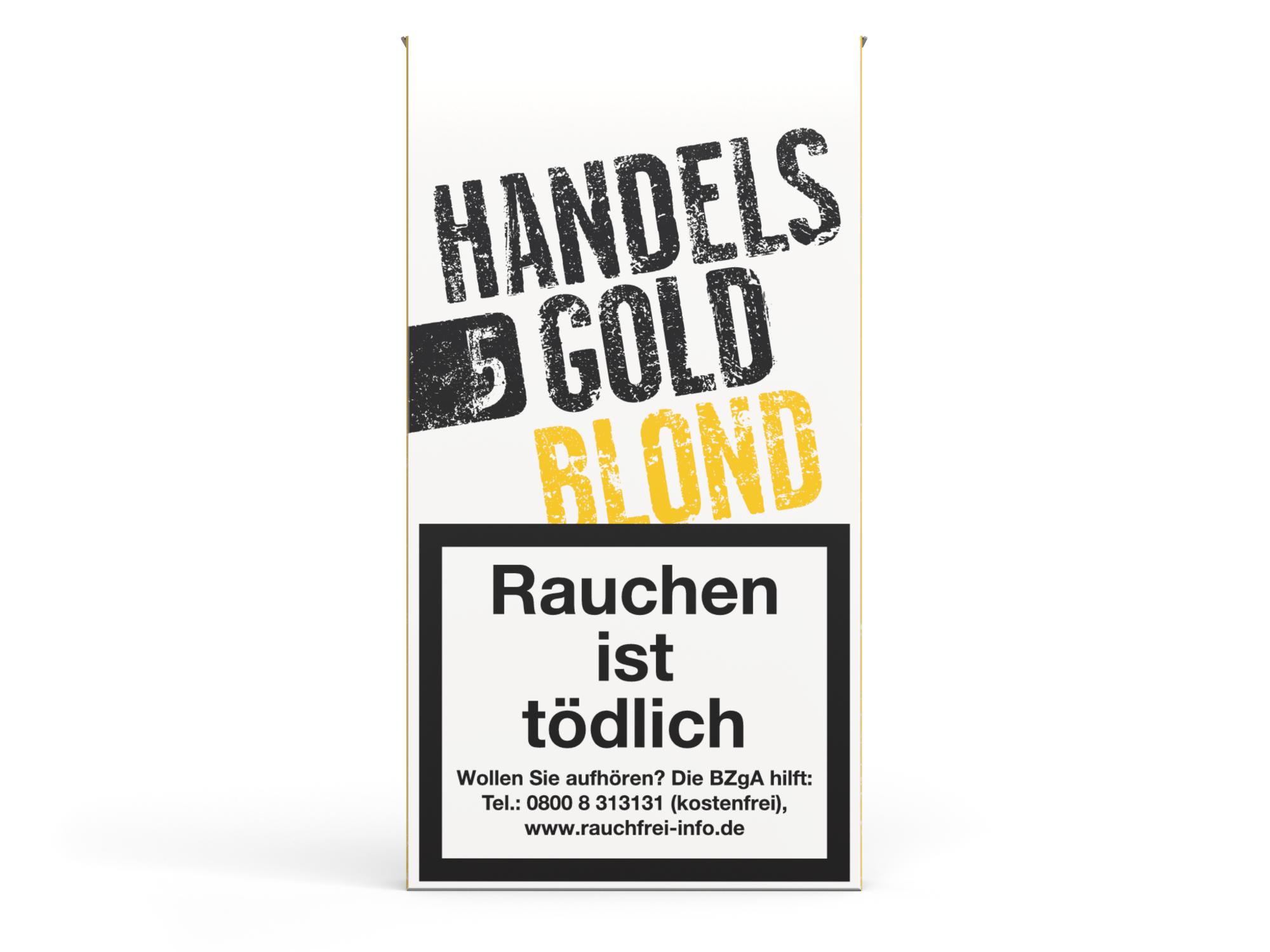 Eine Stange Handelsgold Zigarillos 211 Blond (Vanilla) in der weißen Kartonverpackung mit schwarz-gelbem Design, die den Produktnamen 'HANDELS 5 GOLD BLOND', den Warnhinweis 'Rauchen ist tödlich' und die Telefonnummer der Bundeszentrale für gesundheitlich