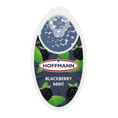 Weißer ovaler Behälter für Hoffmann Aromakapseln Blackberry Mint mit Brombeer- und Blattgrafiken, enthält 100 Stück.