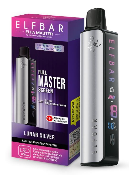 Elfa Master Akku Lunar Silver (1 Stück): Silbernes ELFA Pod-System mit schwarzem Top, Farbdisplay und schwarzer Verpackung.