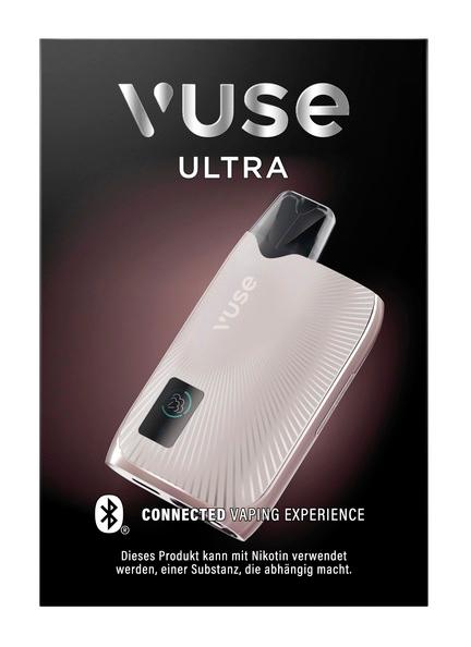 Vuse Ultra Device Kit in Rosé, wiederaufladbares Gerät mit Aluminiumgehäuse, silbernen Akzenten, schwarzem Knopf und ClearView Display, 2 Stück.