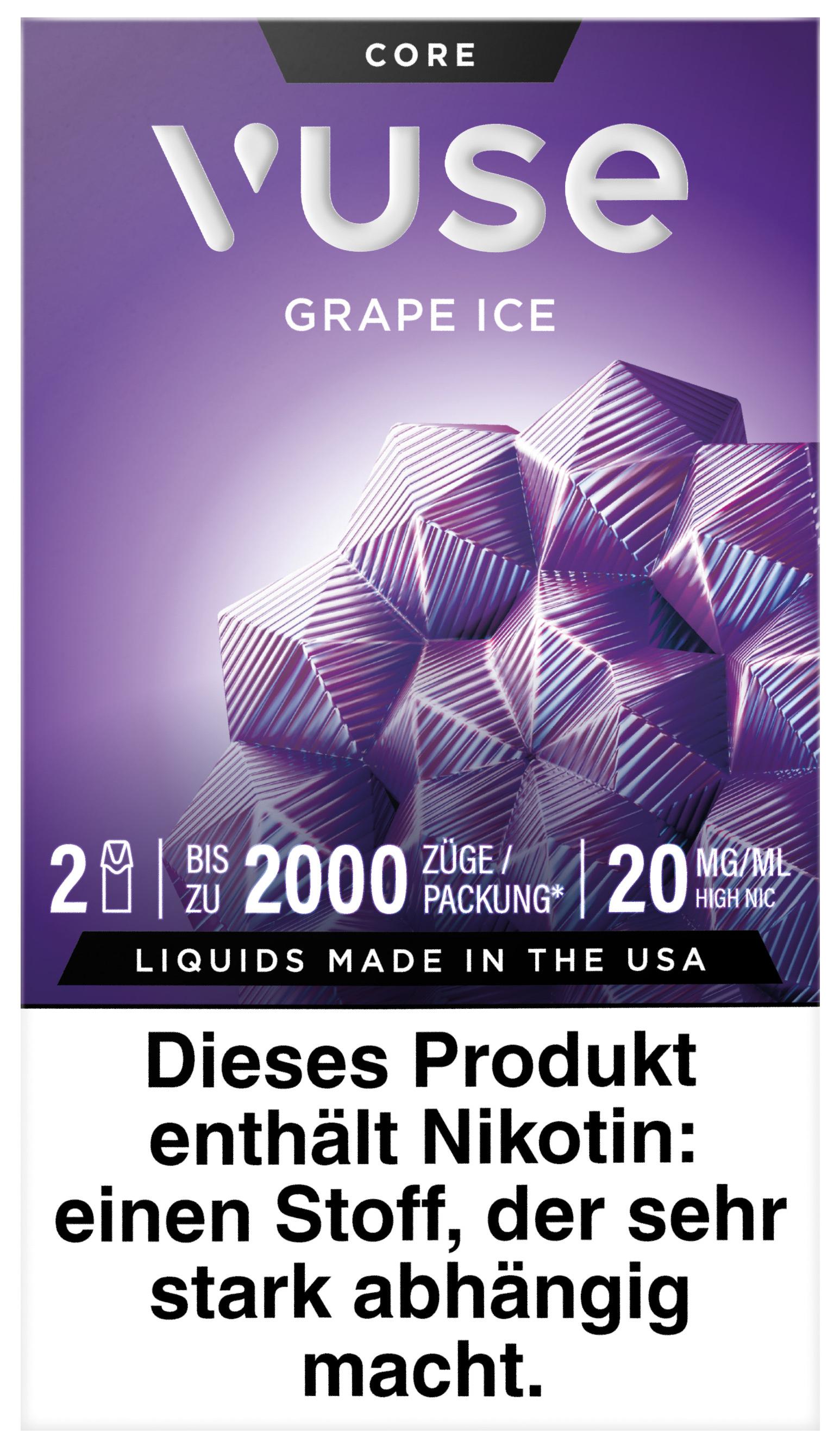 Vuse Pods in der 2er-Packung mit 20 mg Nikotin, konzipiert für Vuse GO Reload und Vuse PRO Smart Geräte, inklusive gesetzlichem Warnhinweis.