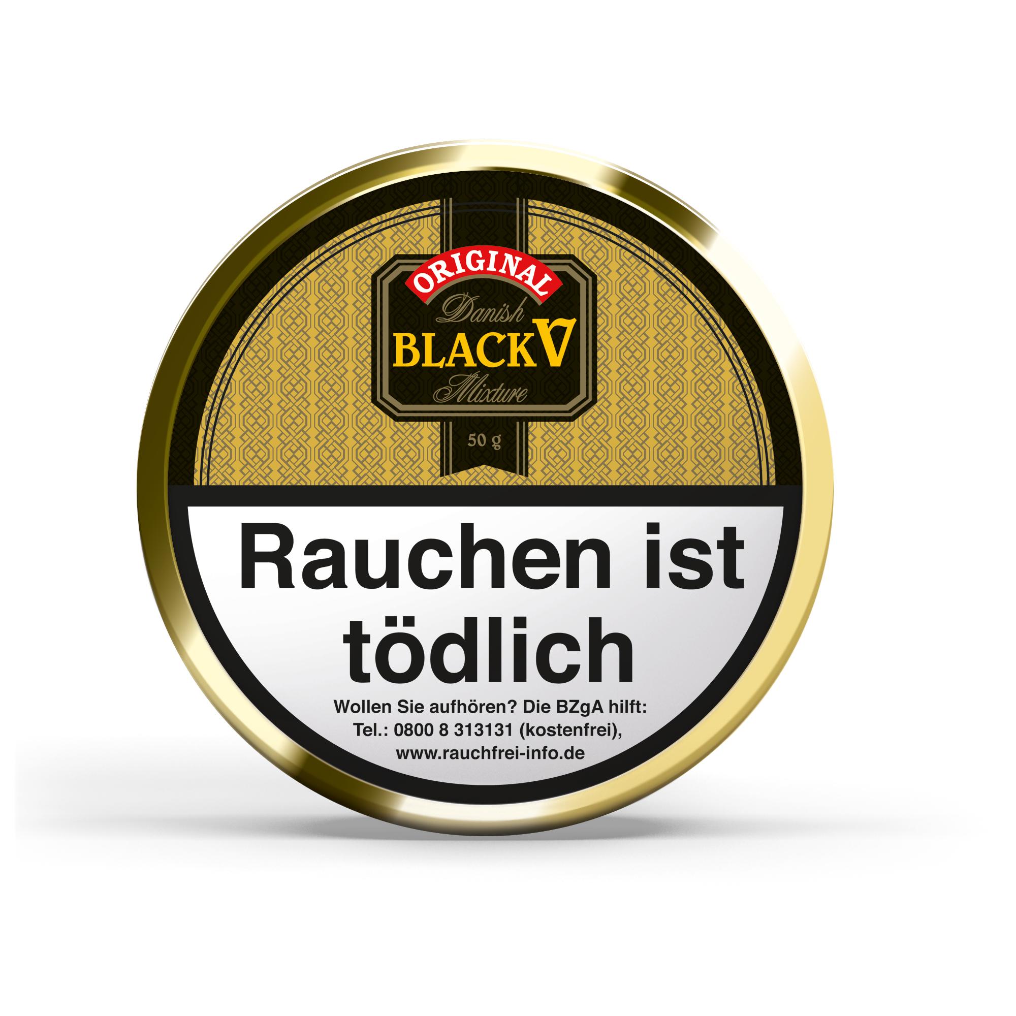 Dose mit 100 Gramm Danish Pfeifentabak Black V, Original Black V Mixture aus Virginia und Black Cavendish.