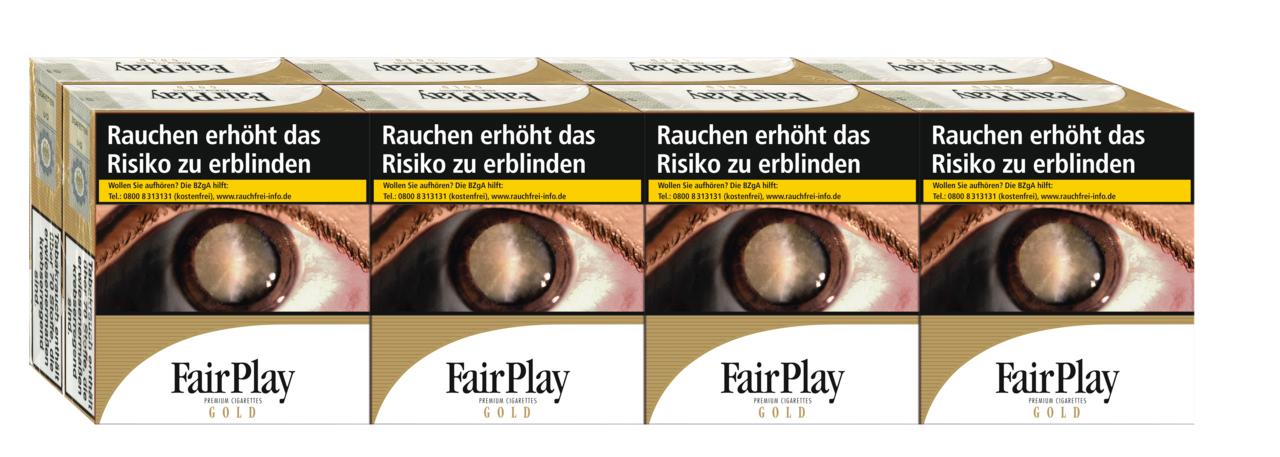 Fair Play Gold XXXL Zigaretten als Stange (8x31 Stück) mit gold-weißem Packungsdesign, Auge-Motiv und FairPlay Logo.
